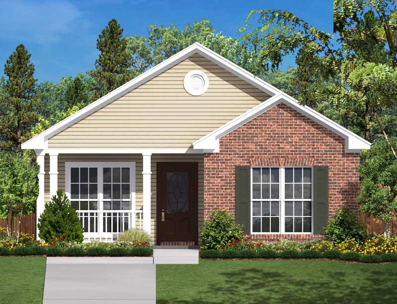Front exterior view of 2-bedroom, 850 sq ft small ranch home plan #142-1031 with covered front porch
