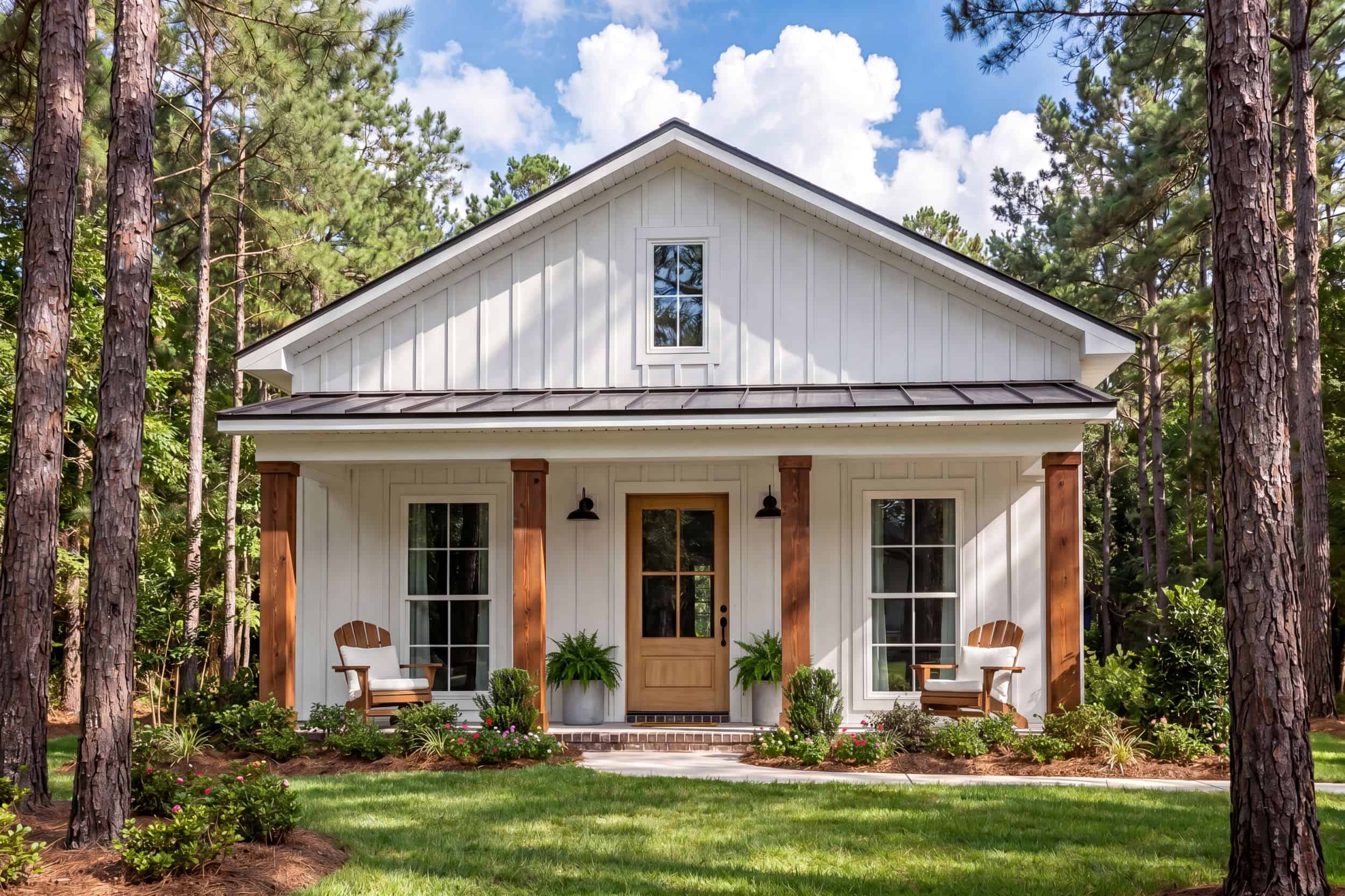 Contemporary Cottage exterior with covered front porch, gable roof, and vinyl siding on a narrow lot home, Plan #142-1268.