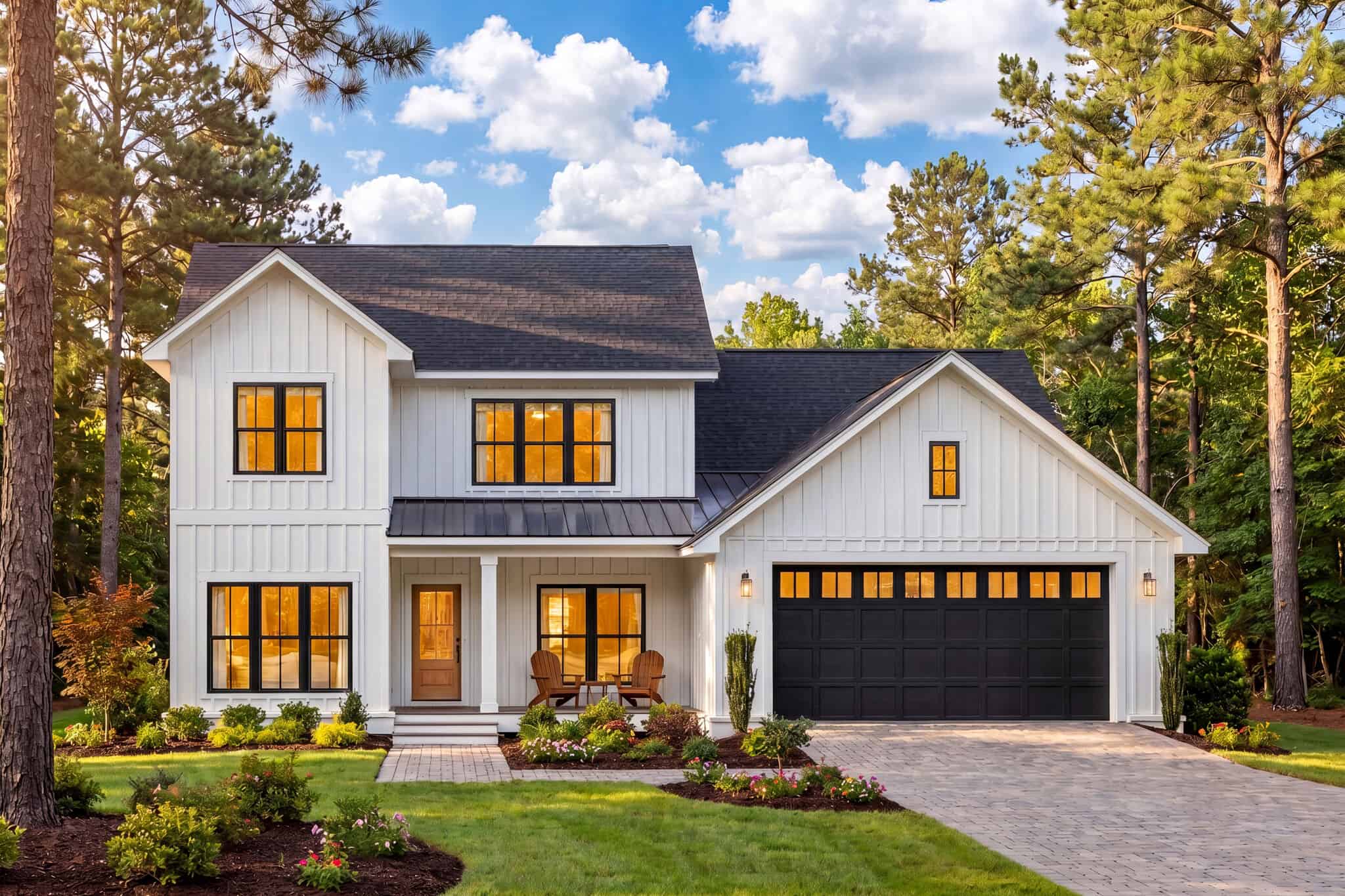 Two-story Farmhouse exterior with board-and-batten siding, covered front porch, gable roofline, and mixed metal roofing accents — Plan #142-1571.