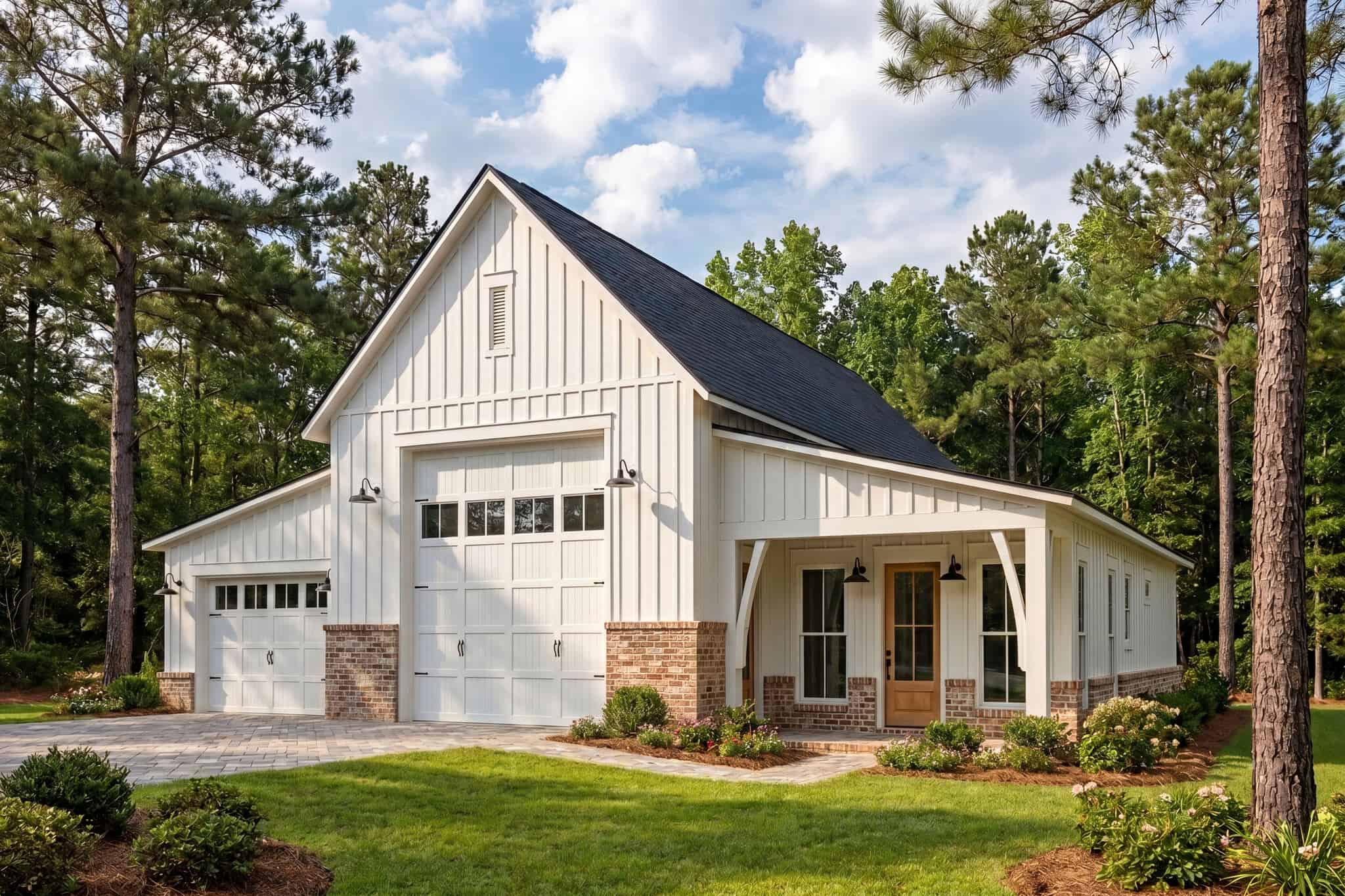 2-car farmhouse garage apartment with brick and board-and-batten siding, covered front porch entry, and gable roofline. Plan #142-1586.
