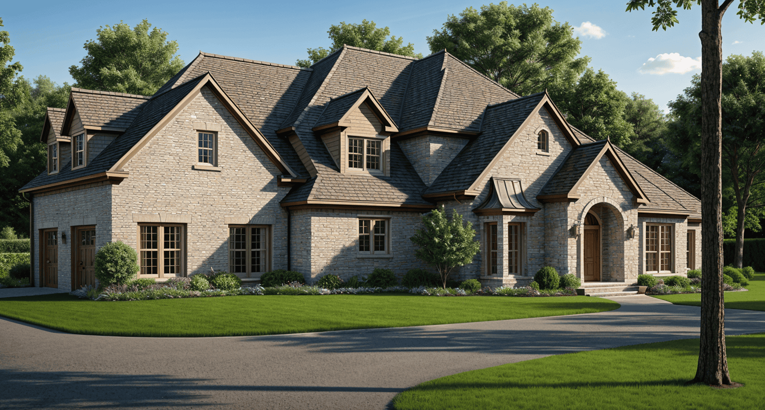 “Front view of 4-bedroom 4488 sq ft luxury style house plan with brick exterior and traditional French-country elements”