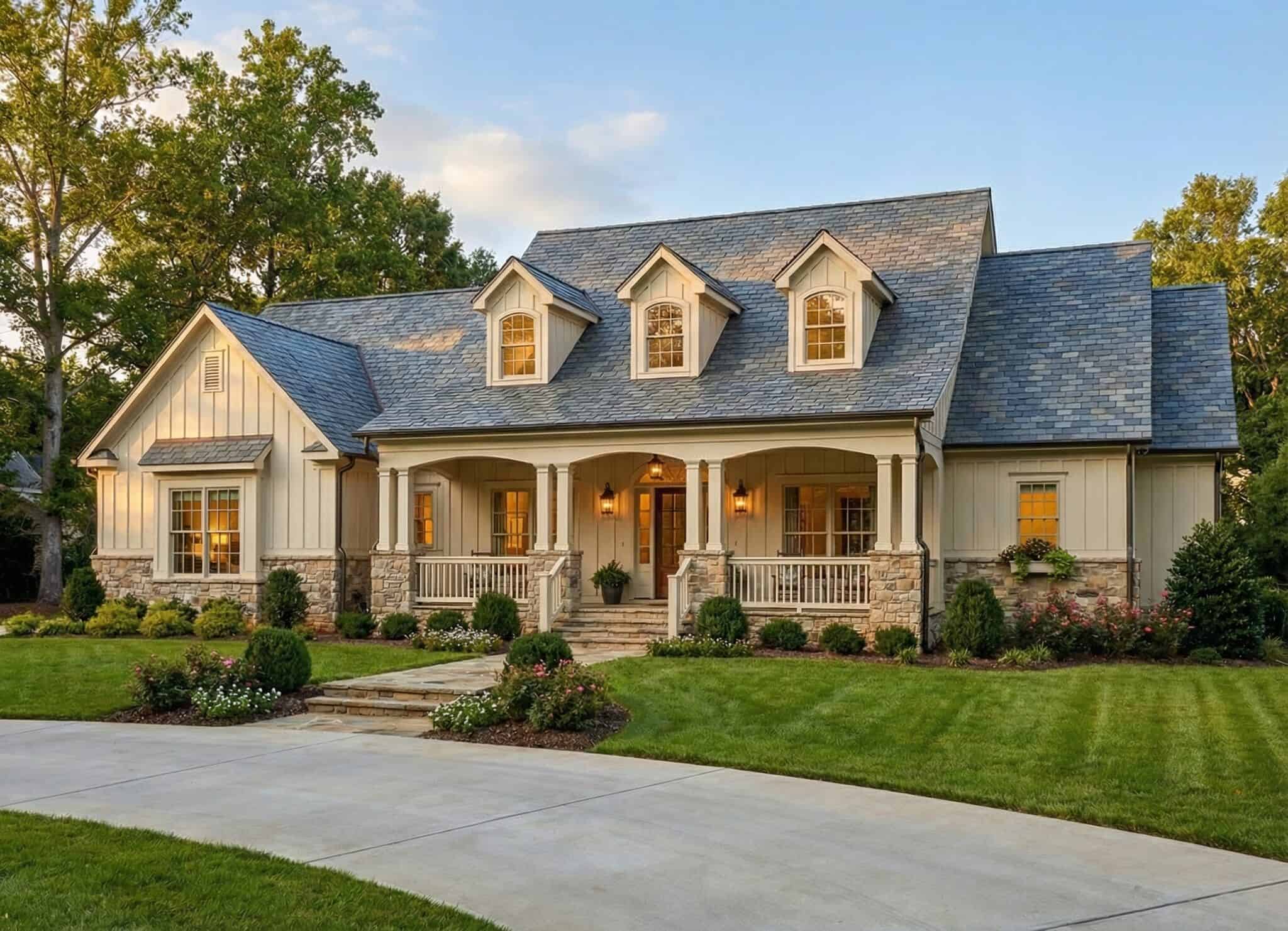 Country home facade with steeply pitched gable roofline, dual covered porches, rock stone accents, and side-entry garage, Plan #153-2137