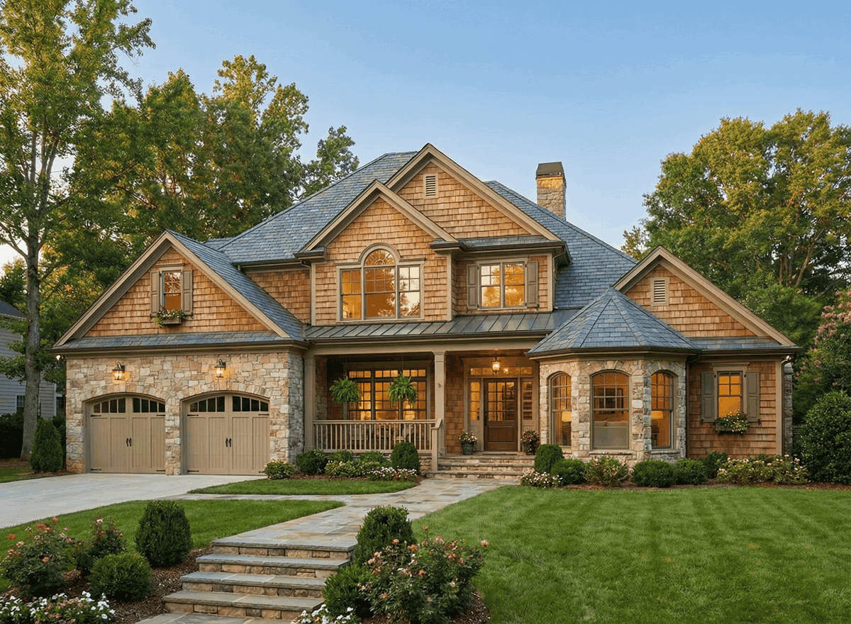 Craftsman facade with gable-and-hip roofline, stone and shake siding, covered porch, and multi-pane windows. Plan #153-2139.