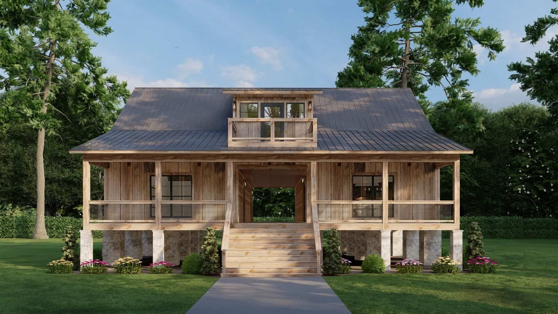 Rustic home with gambrel metal roof, wraparound porch, wood siding, and arched windows. Plan #153-2142.