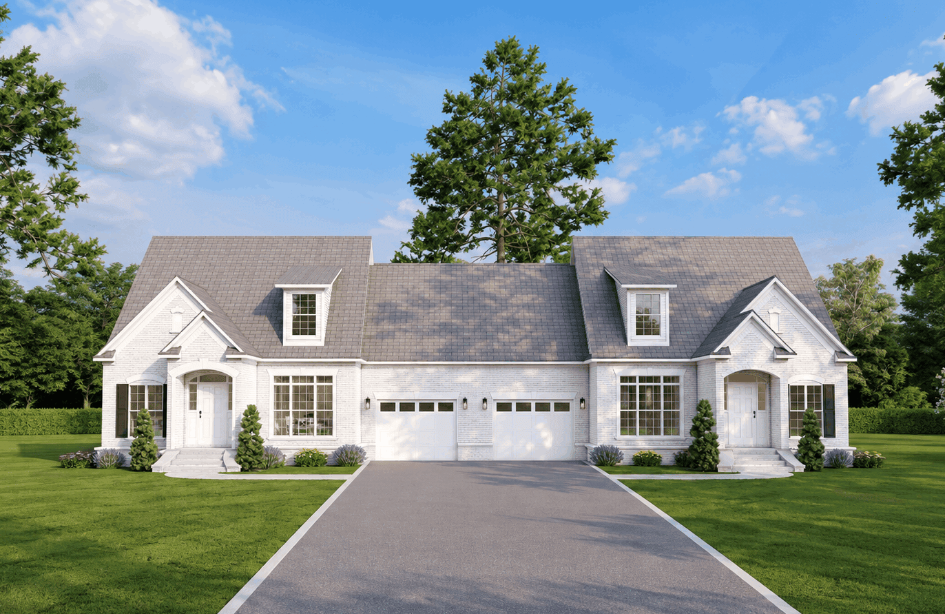 Brick 1.5-story Transitional duplex with covered front porch, portico entry, and gable roofline. Plan #153-2144.