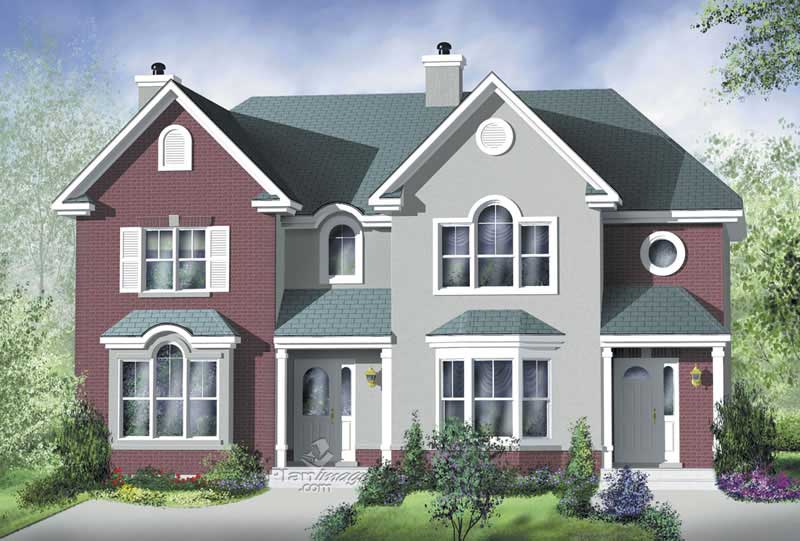 Front view of traditional 3-bedroom duplex with shared covered porch (House Plan #157-1001)