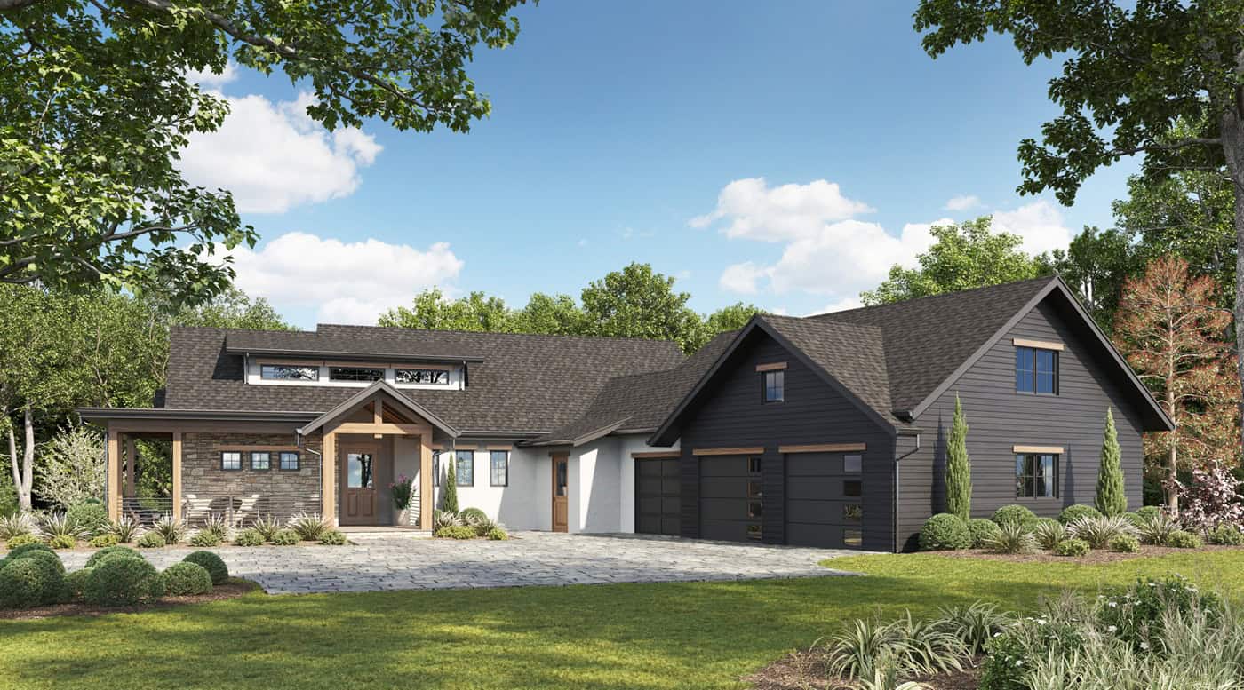 Modern Farmhouse house plan with stone and fiber cement exterior, gable roofline, and side-entry garage, Plan 161-1287