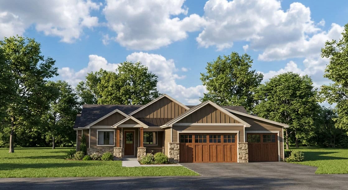 Craftsman facade with gable roofline, stone and lap siding accents, and covered entry porch. Plan #161-1328