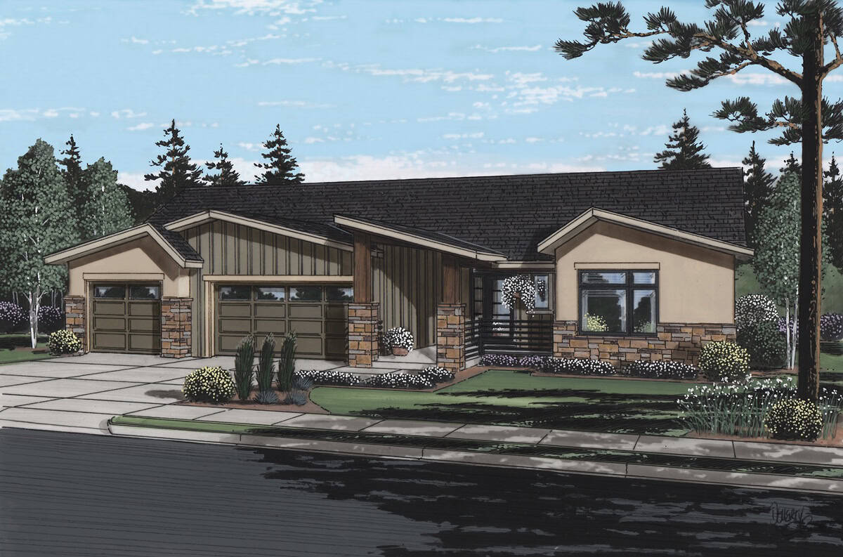 Contemporary ranch exterior with stone and board-and-batten siding, covered front porch, and mixed gable-shed roofline; Plan #161-1329.