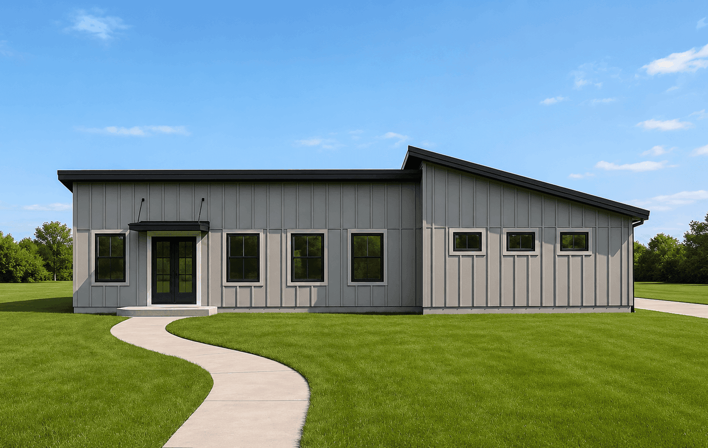 Contemporary exterior with shallow-pitched metal shed roof, lap siding, covered entry porch, and side-entry garage. Plan #162-1126, 1 bed, 798 sq ft.