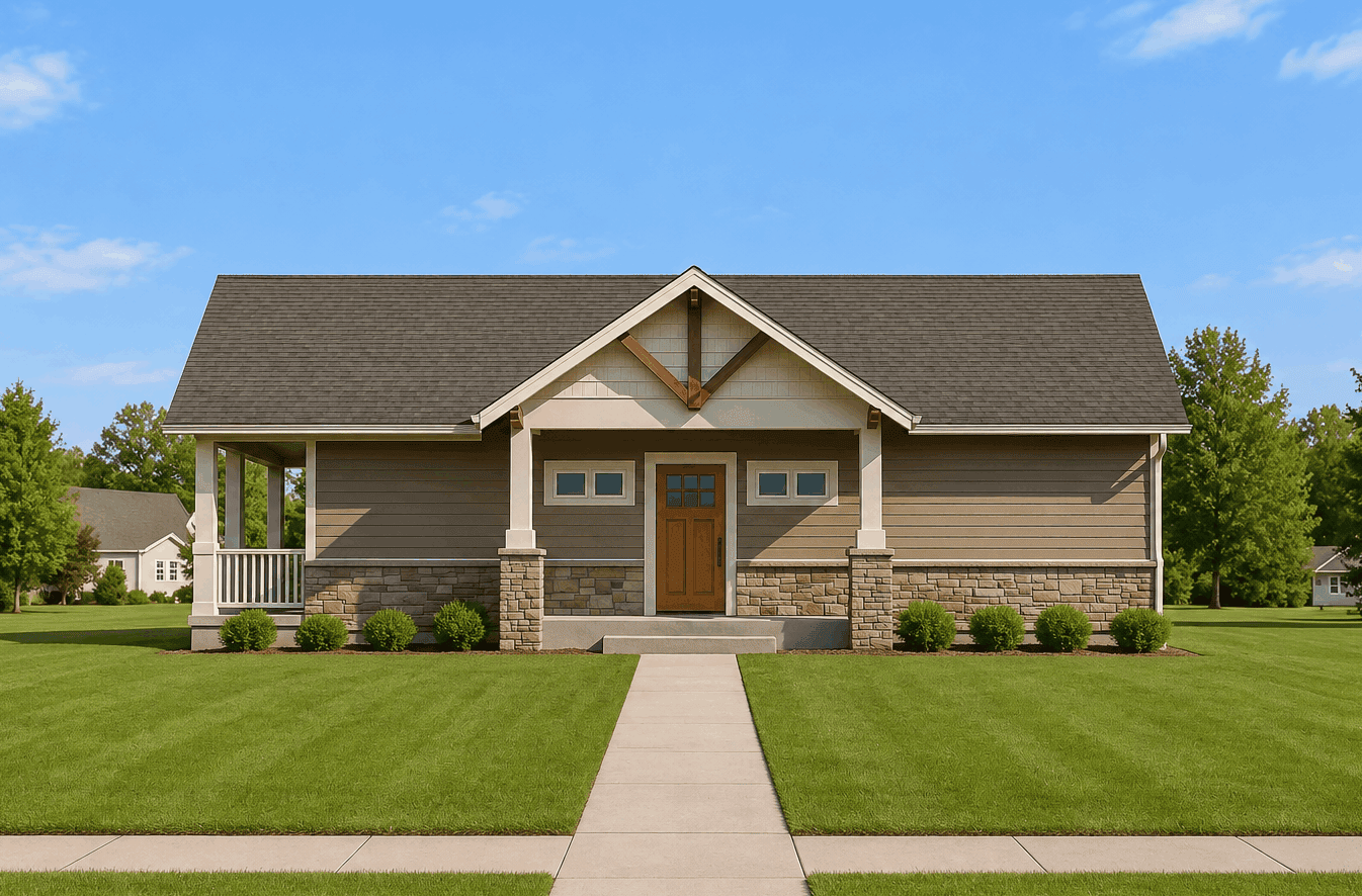 Craftsman exterior with rock and shake siding, gable roofline, covered front porch, no attached garage.