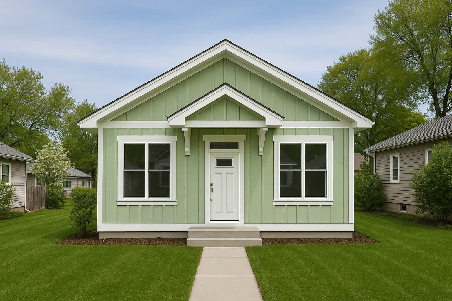 Craftsman facade with gable roof, covered front porch, lap siding, and board-and-batten accents. 3 beds, 1,008 sq ft - Plan #162-1132.