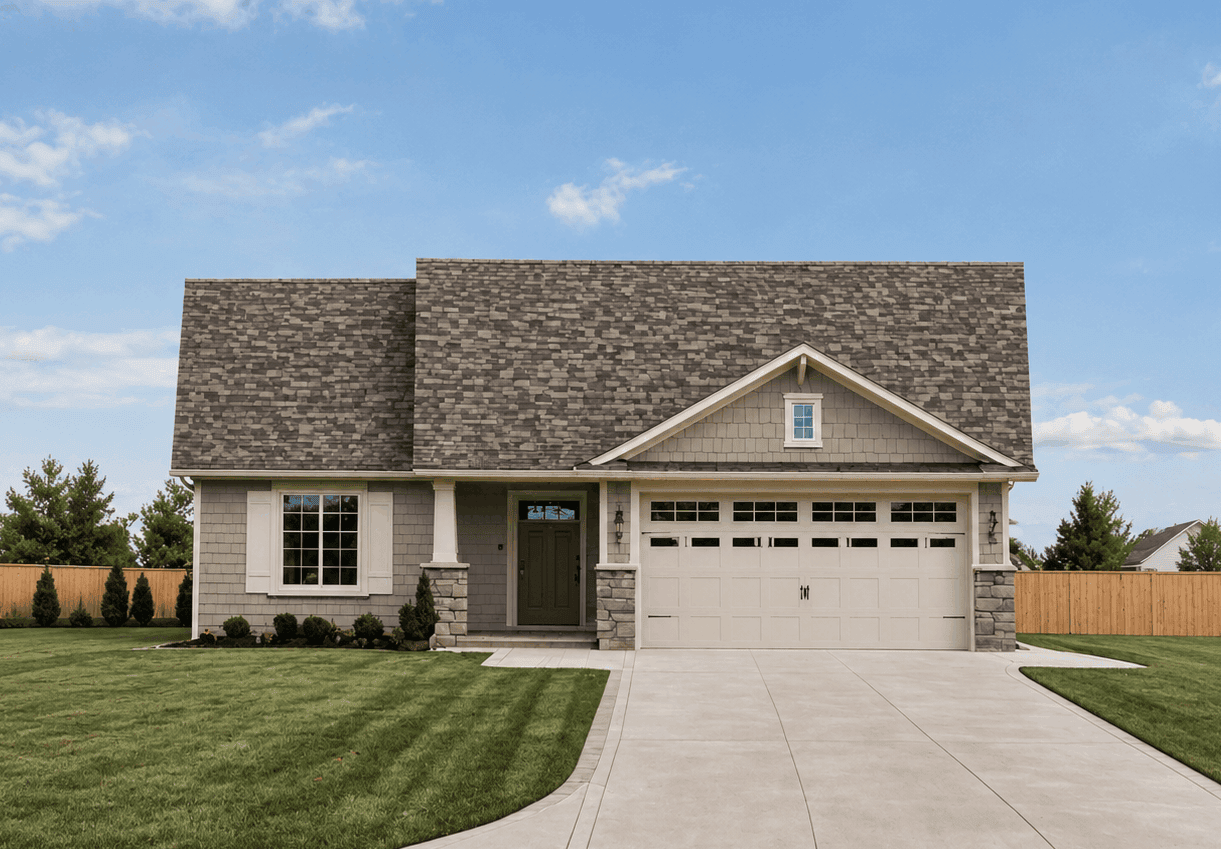 Cottage elevation with stone accents, mixed shingle and lap siding, gable roofline, and covered front porch entry. Plan #162-1133.