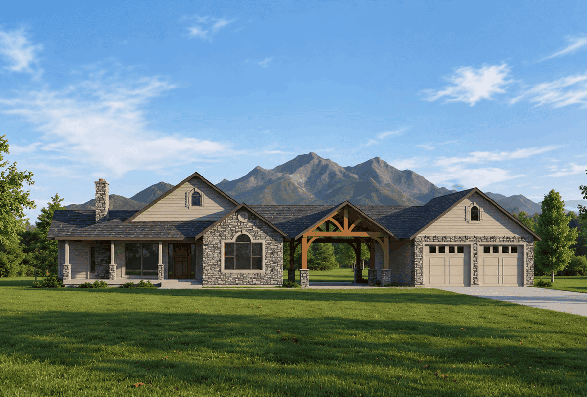 Farmhouse with wraparound porch, gable roof, rock siding, and 2-car garage. 3 beds, 1,429 sq ft - Plan #162-1136