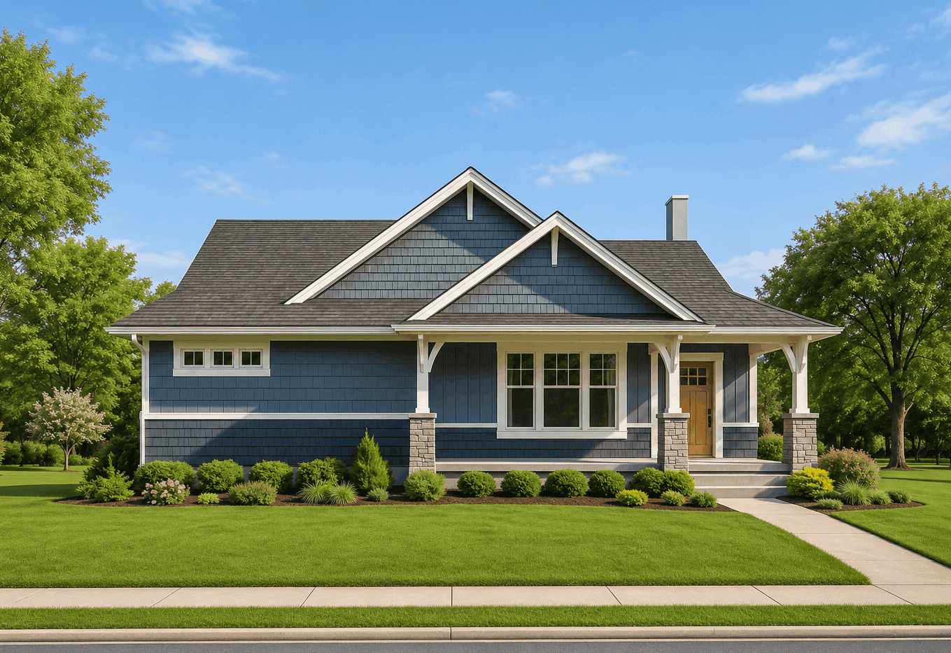 Craftsman elevation with wraparound porch, board-and-batten siding, mixed stone accents. Plan #162-1138.