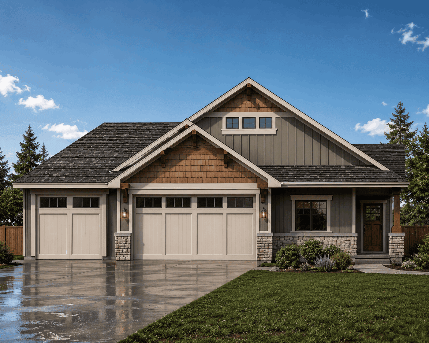 Craftsman home elevation with steeply pitched gable roof, covered front porch, and attached 3-car garage - Plan #162-1144