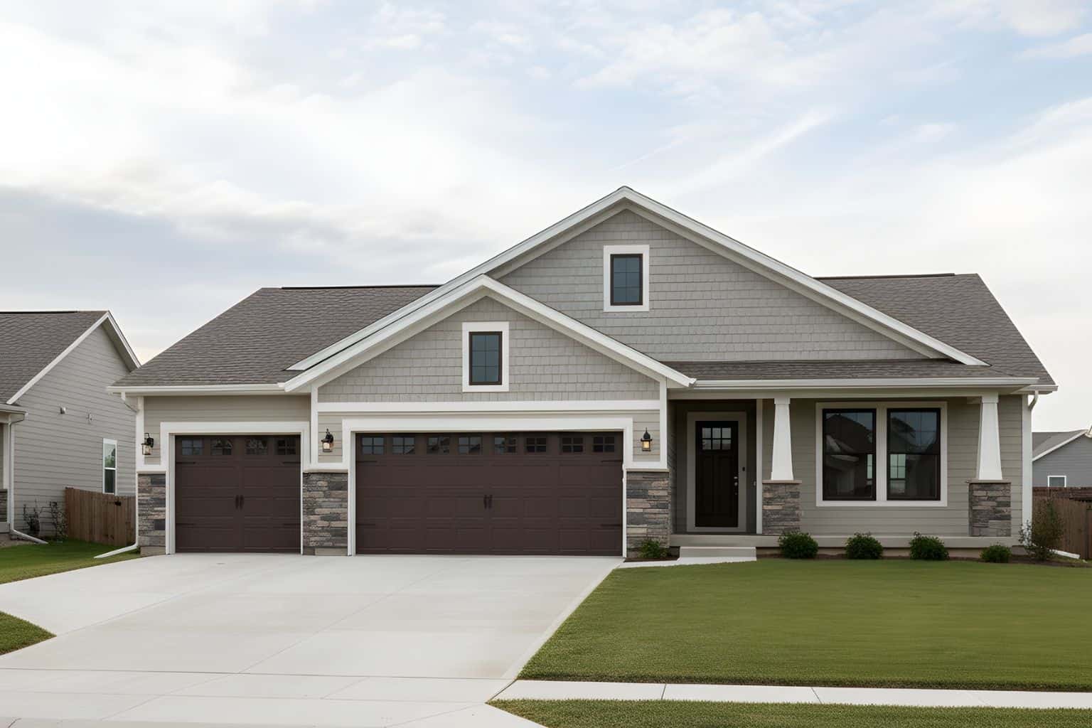 Craftsman home elevation with covered front porch, tapered columns, stone and lap siding exterior, gable roofline - Plan #162-1145