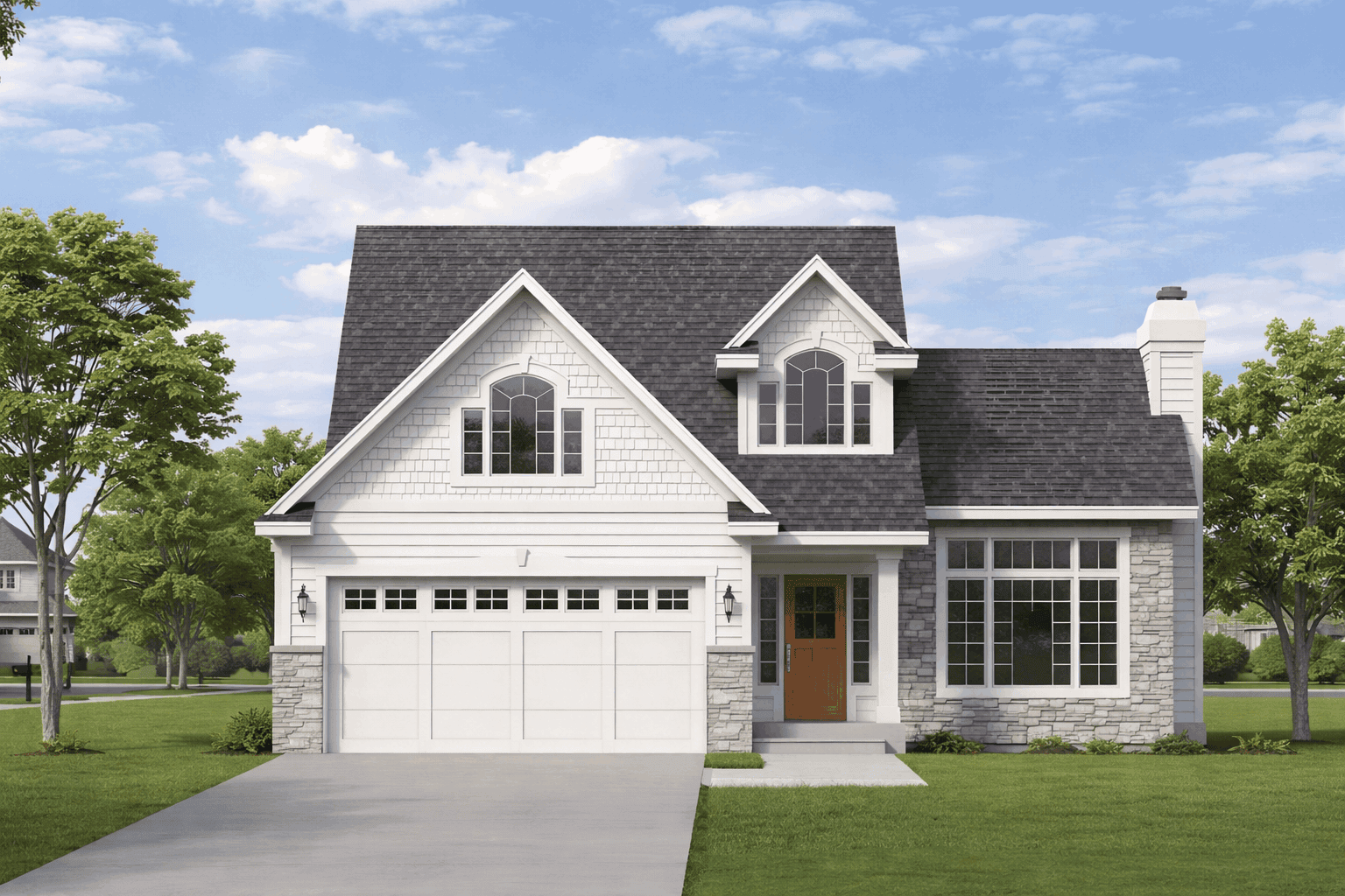 Two-story Farmhouse home with covered front porch, stone and lap siding, gable-dormer roofline, and attached front-entry garage. House Plan #162-1147, 2550 sq ft, 4 bedrooms.