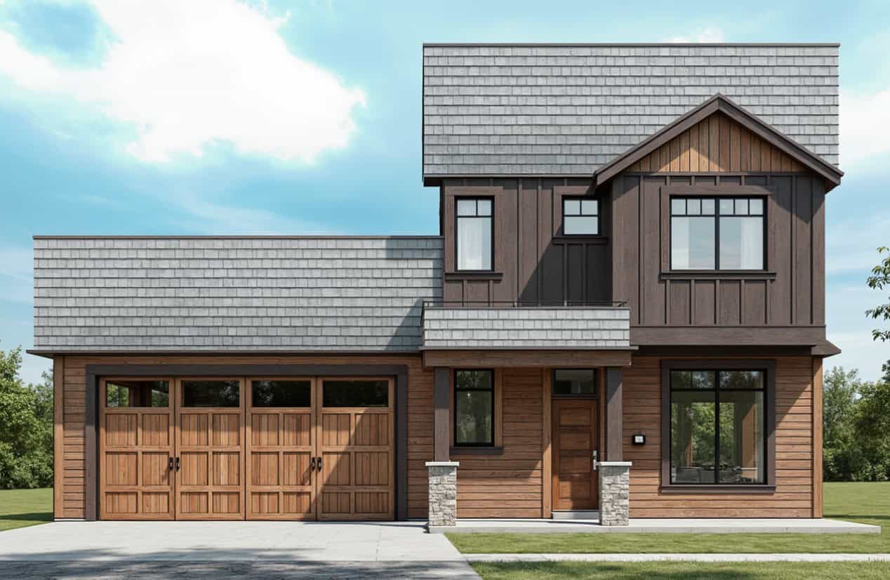 Two-story Farmhouse home with stone base, gable roof, lap siding, and covered front porch. Plan #162-1148