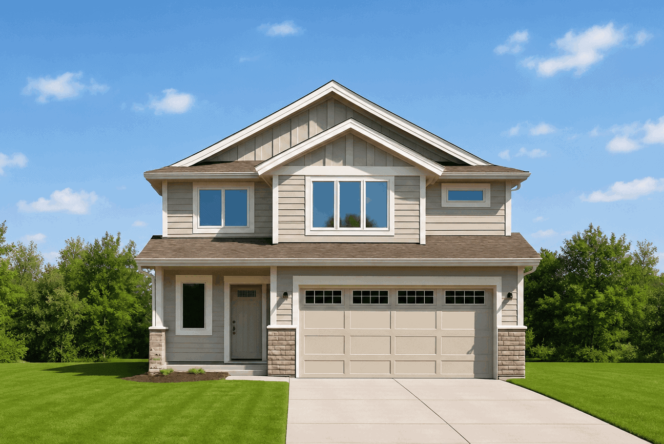 Craftsman home elevation with gable roofline, covered front porch with columns, stone and lap siding, two-car front-entry garage. Plan #162-1155.