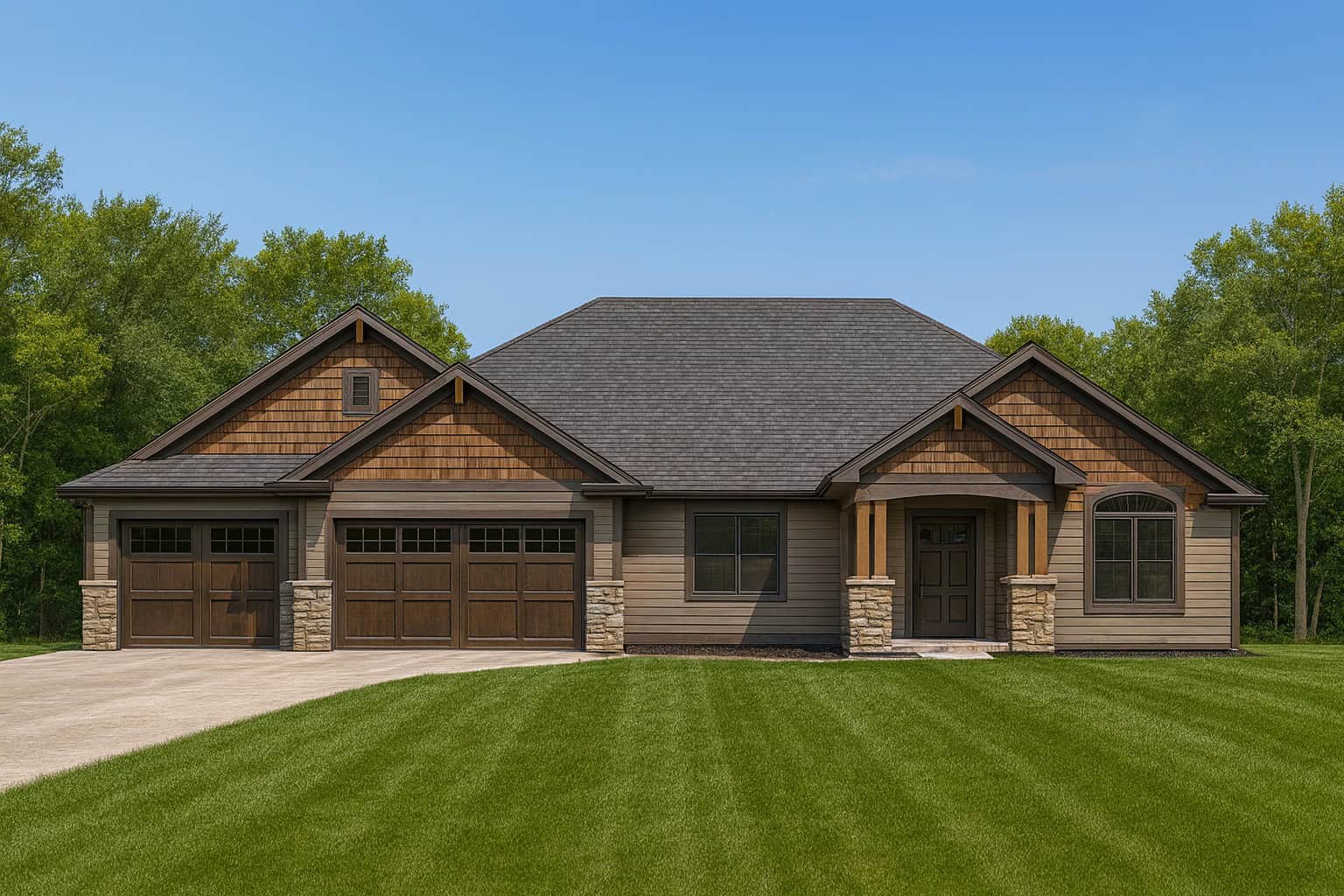 Craftsman facade with stone accents, lap siding, gabled entry, and covered porch. 1,798 sq ft, 3 beds, 2 baths - Plan #162-1159.
