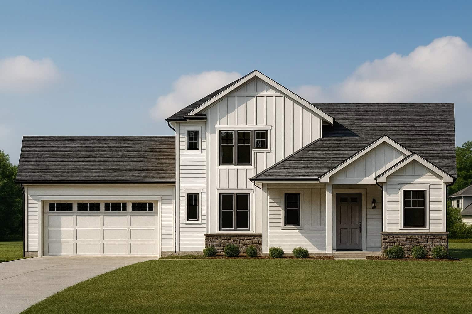 Tudor facade with stone accents, lap siding, covered front porch with columns, and gable roofline. Plan #162-1161.