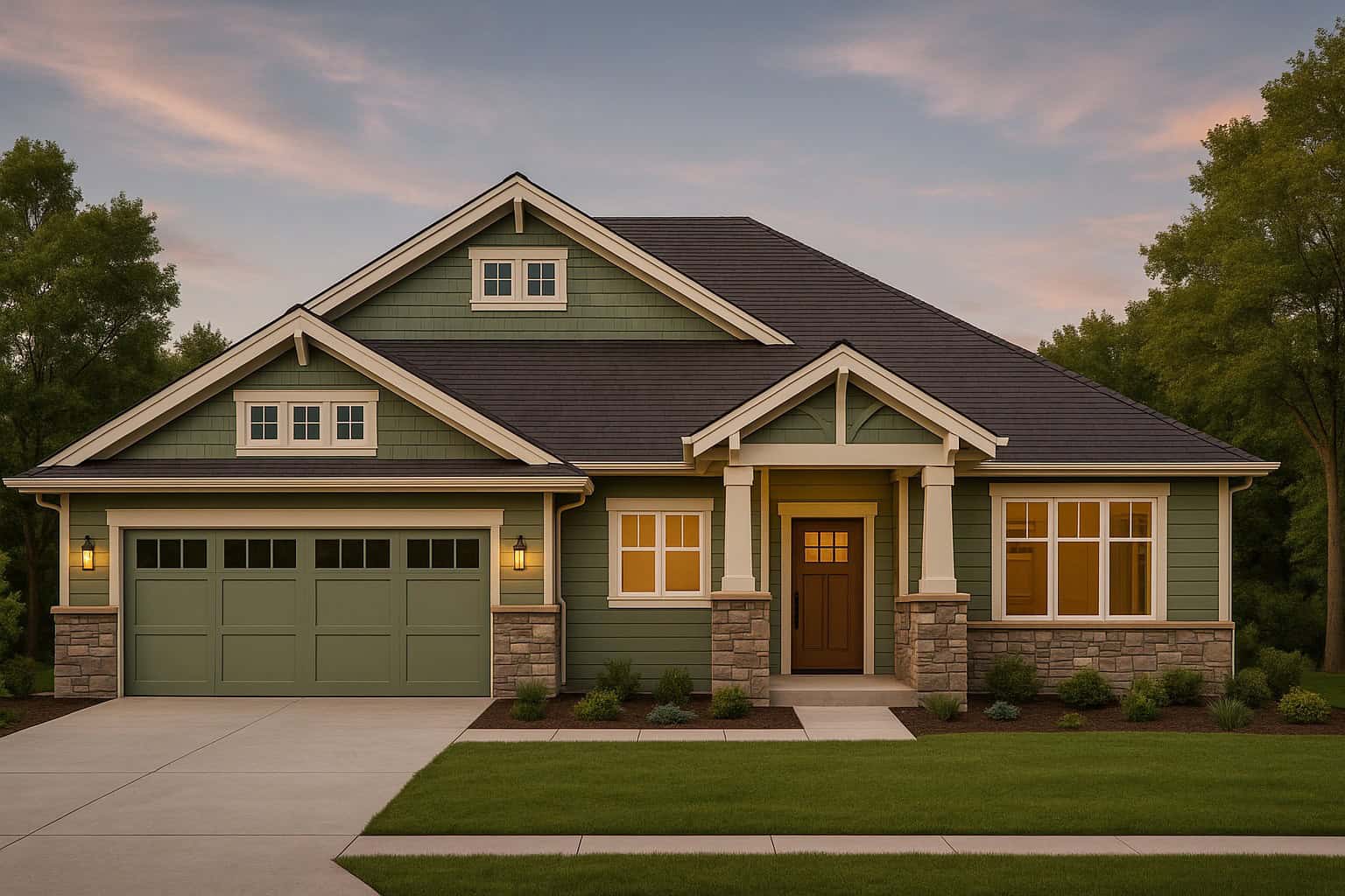 European Craftsman home with mixed-material facade of stone and shakes, covered front porch, and moderate-pitched roofline. 4 beds, 1,935 sq ft - Plan #162-1166.