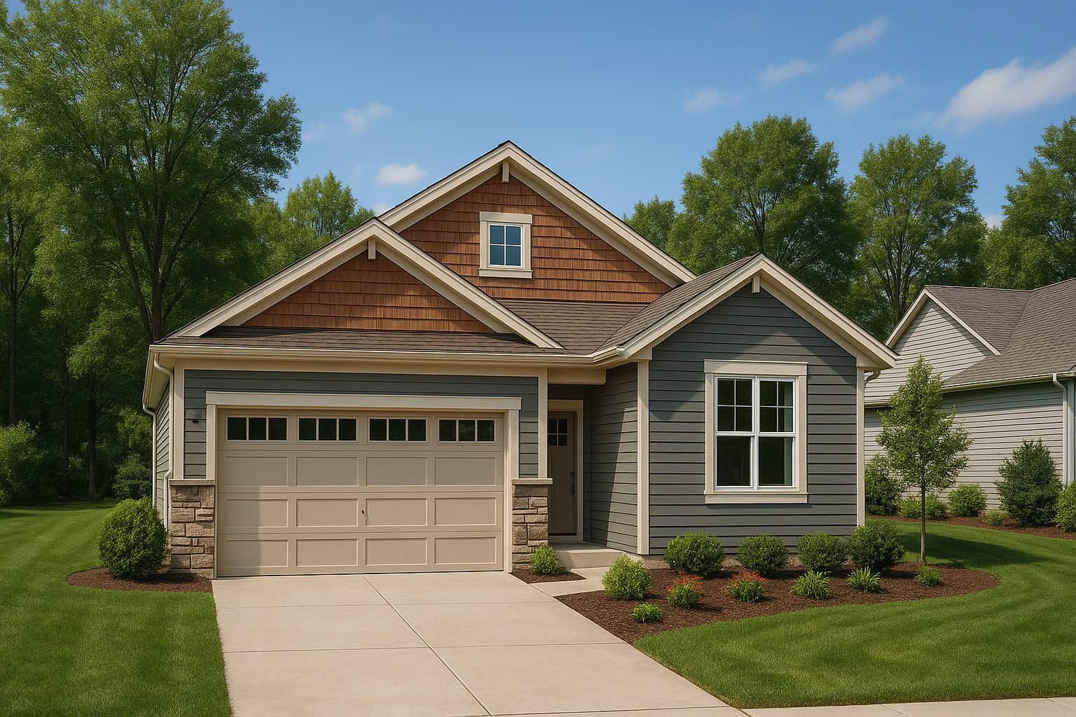 Craftsman elevation with stone siding, gable roofline, and covered front porch - 4 beds, 3 baths, 1,942 sq ft - Plan #162-1167