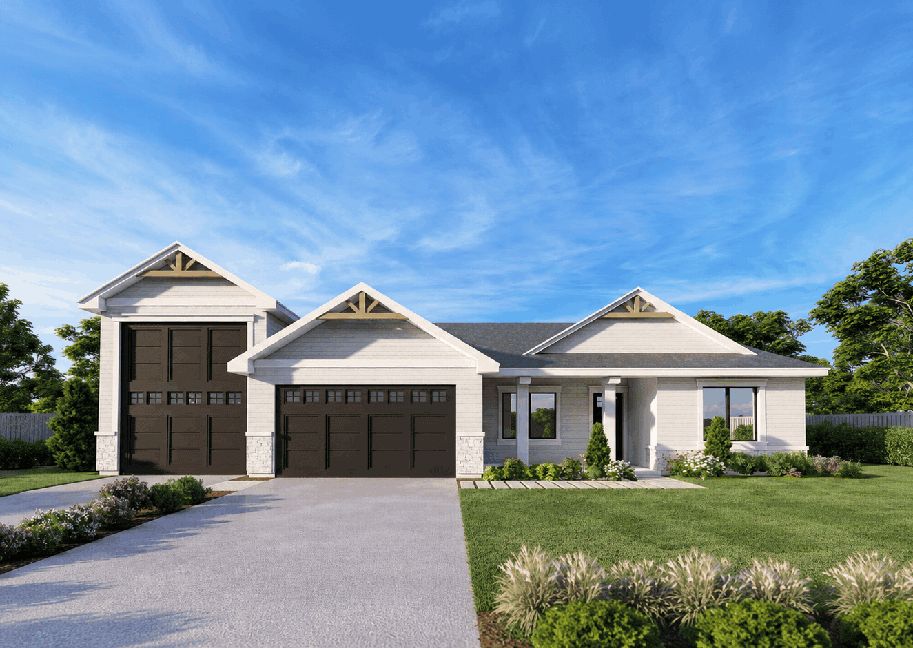 Traditional home elevation with covered front porch, stone and board-and-batten mixed siding, and front-entry garage - Plan #162-1168