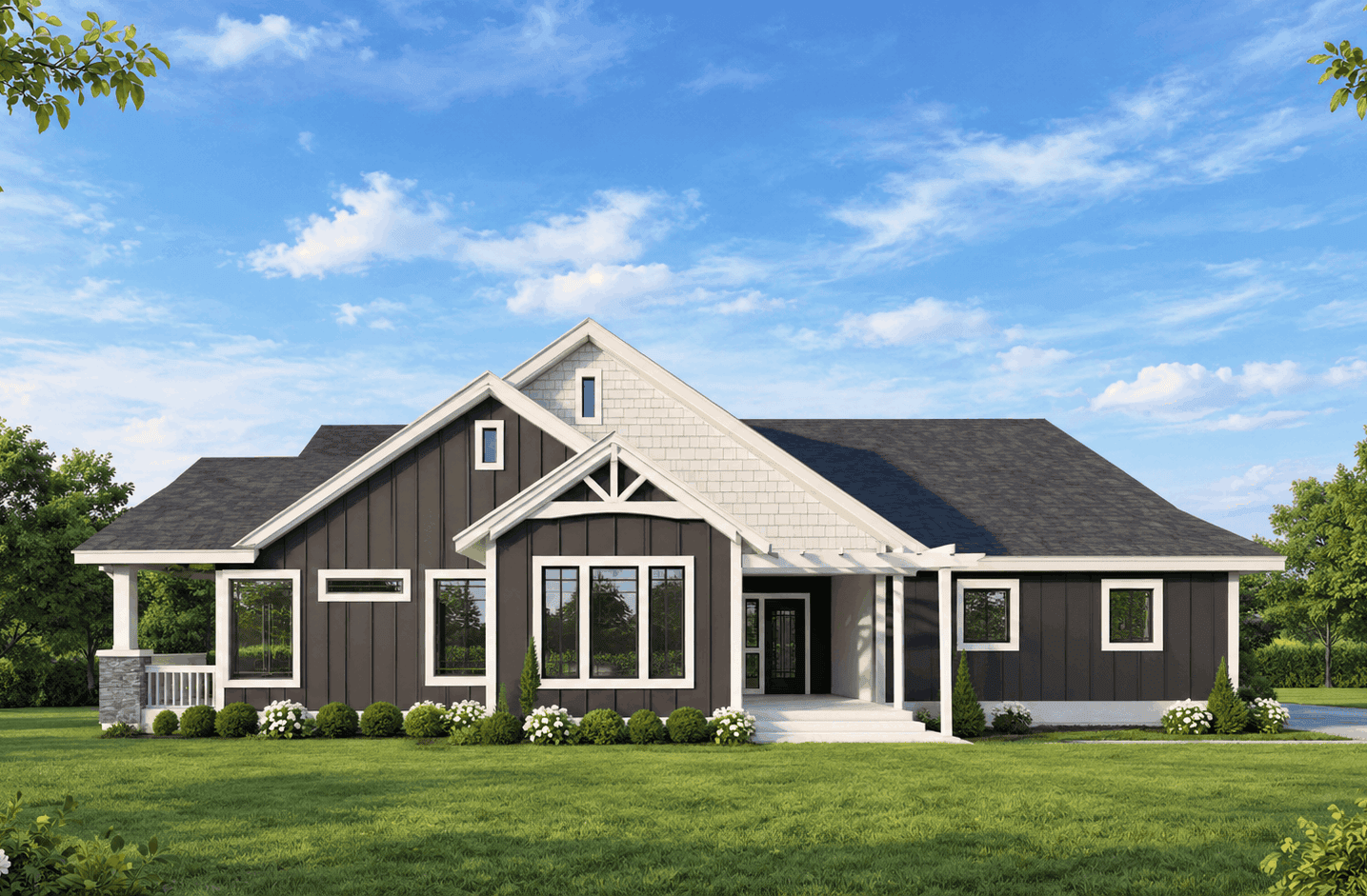 Farmhouse home with stone and lap siding, covered front porch, gable roof, and rear-entry garage. Plan #162-1172.