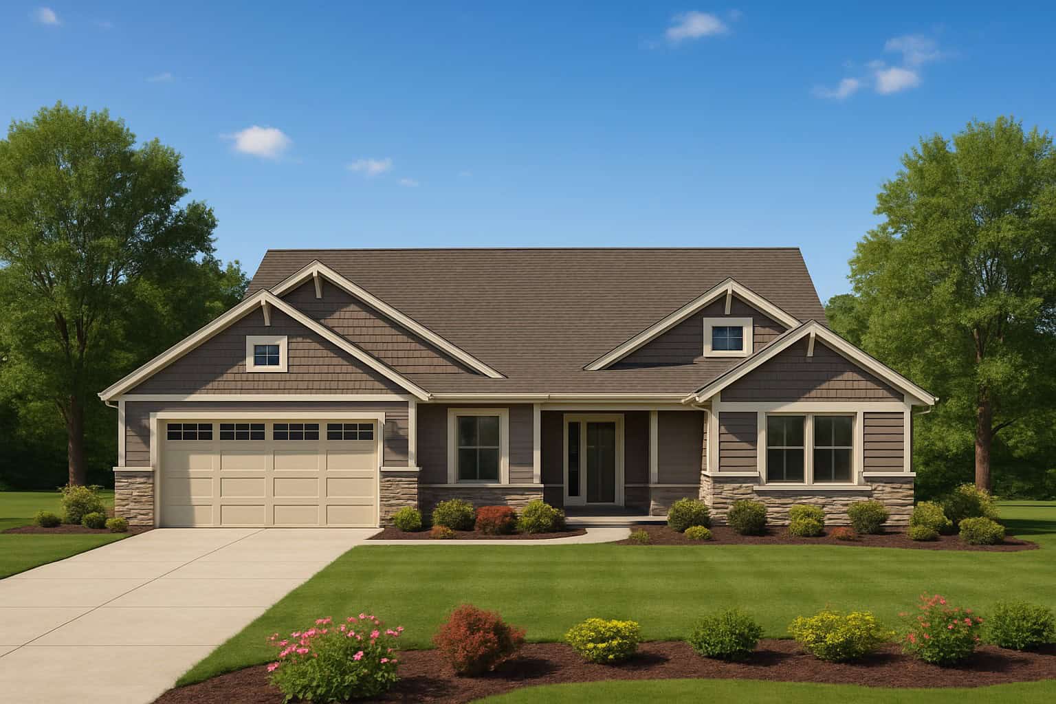 Craftsman house plan front elevation with covered porch entry, gable roofline, and mixed exterior materials. Plan #162-1173