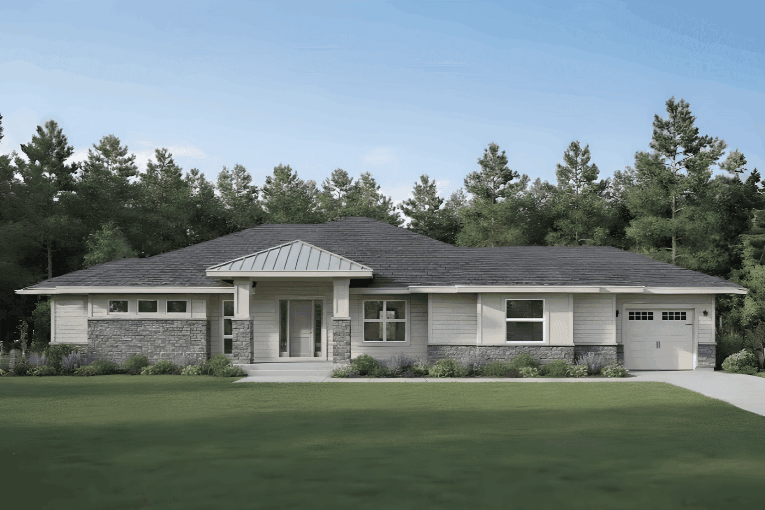 Contemporary Prairie facade with horizontal rooflines and stone accents. 6 beds, 4 baths, 4564 sq ft - Plan #162-1174.