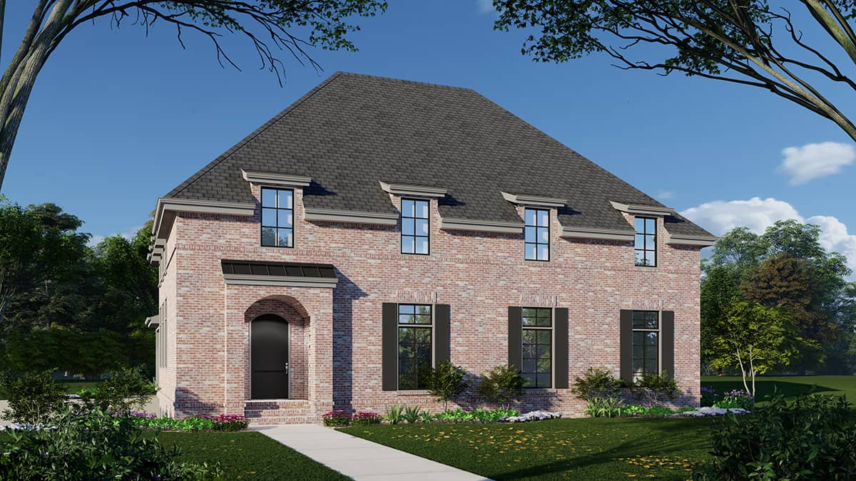 Front view of a 4,175 sq ft European-inspired home with traditional architecture, arched windows, and a welcoming entryway