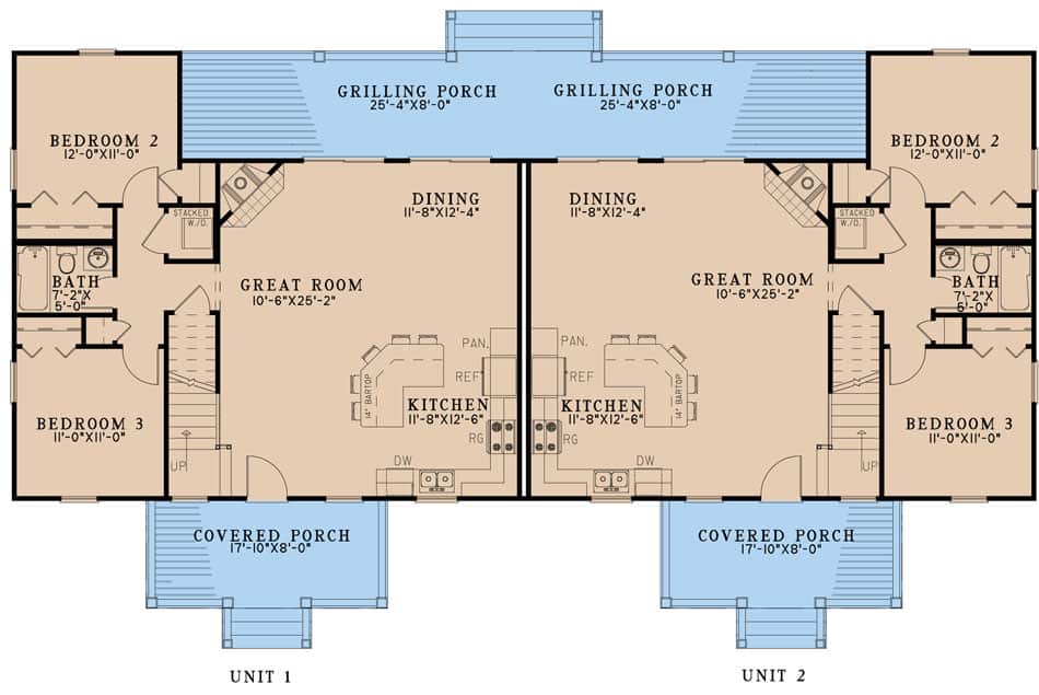 Duplex/Multi-Unit House Plan #193-1254: 3 Bedrm, 1461 Sq Ft Per Unit Home