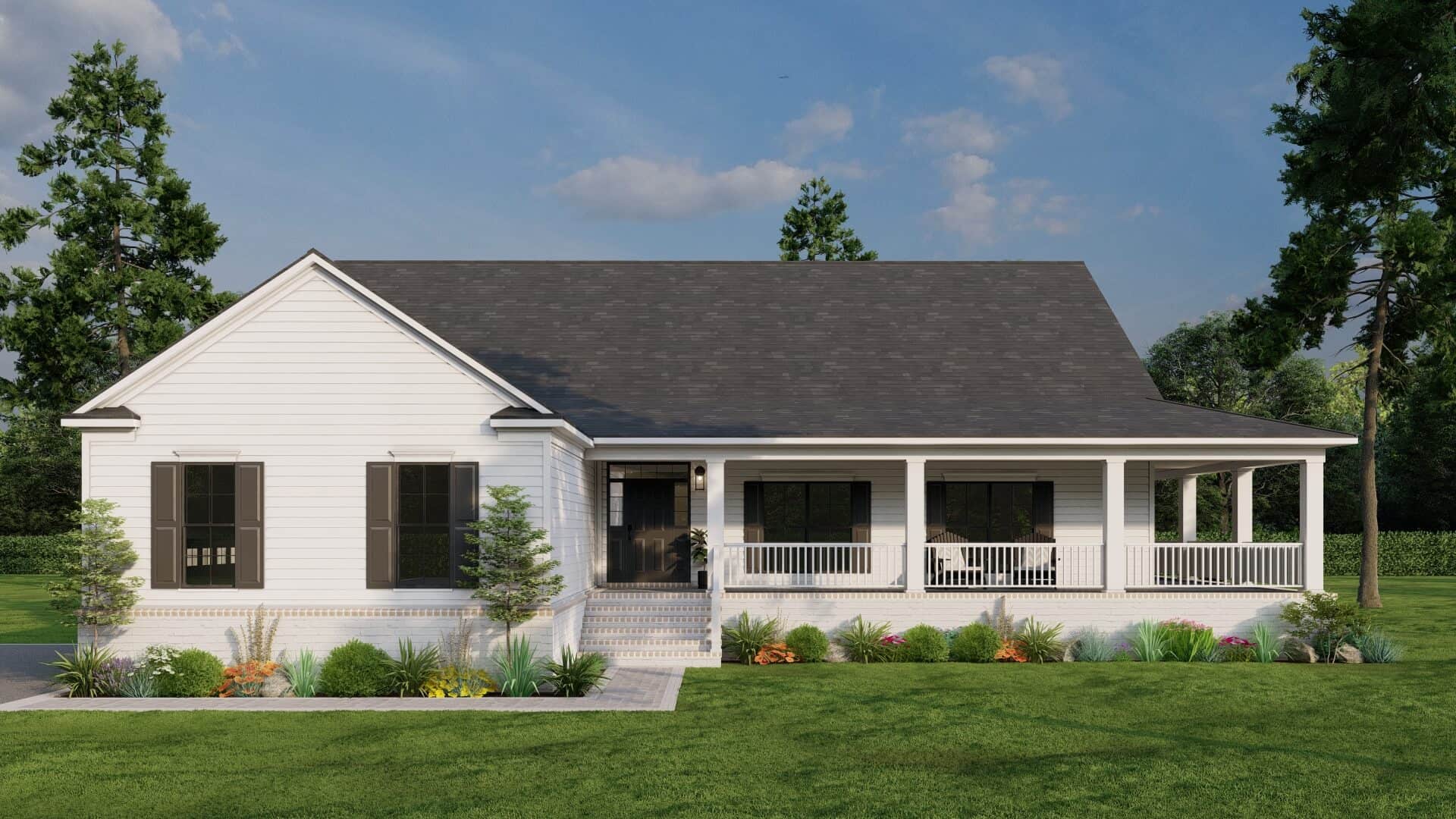 3-bedroom modern farmhouse ranch with 2,165 sq. ft., a wraparound porch, open layout, vaulted ceilings, and spacious primary suite. Plan #193-1298