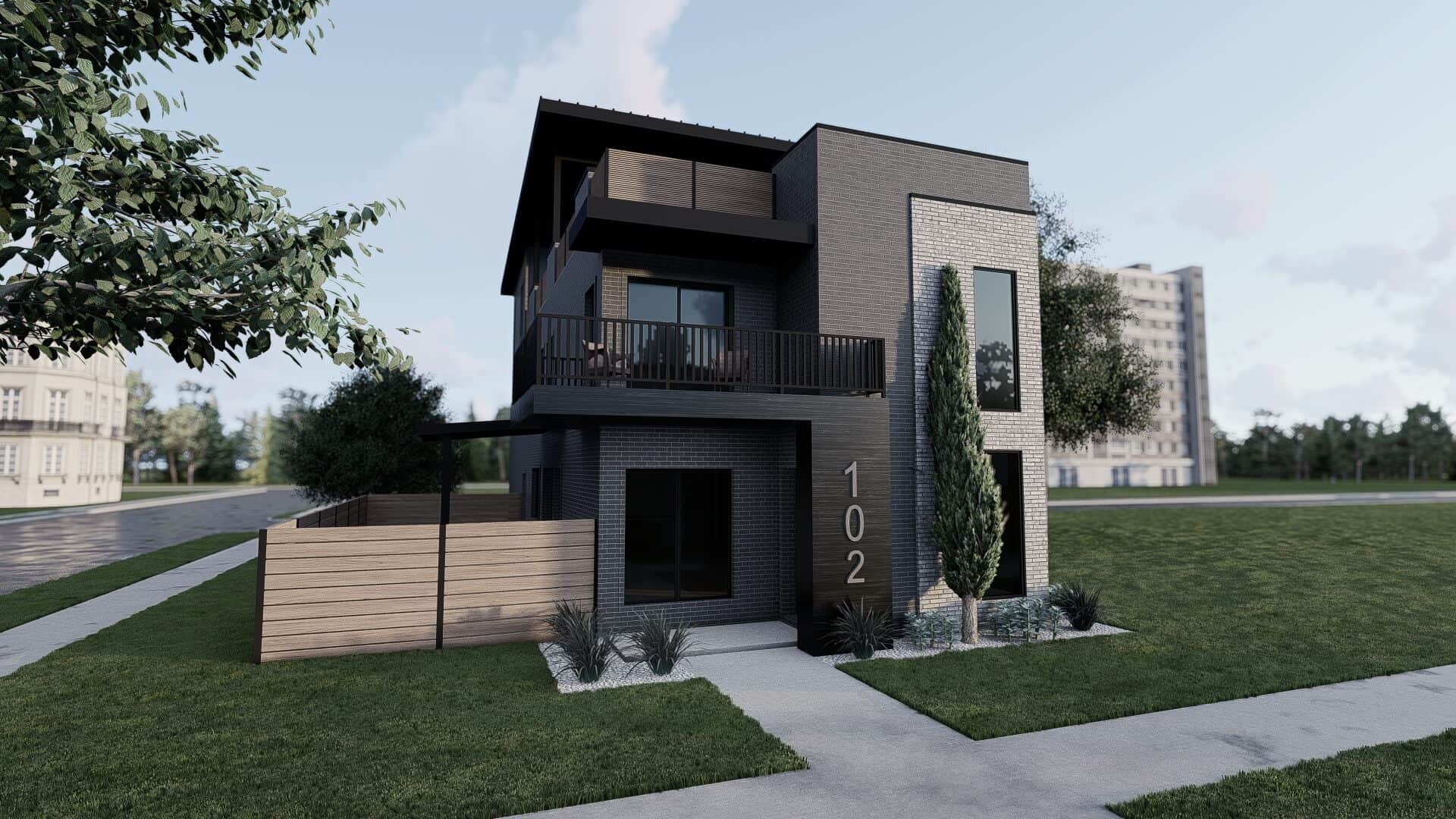 Front exterior of a 2,609 sq ft Contemporary bungalow with clean lines, 2-car garage, and modern detailing