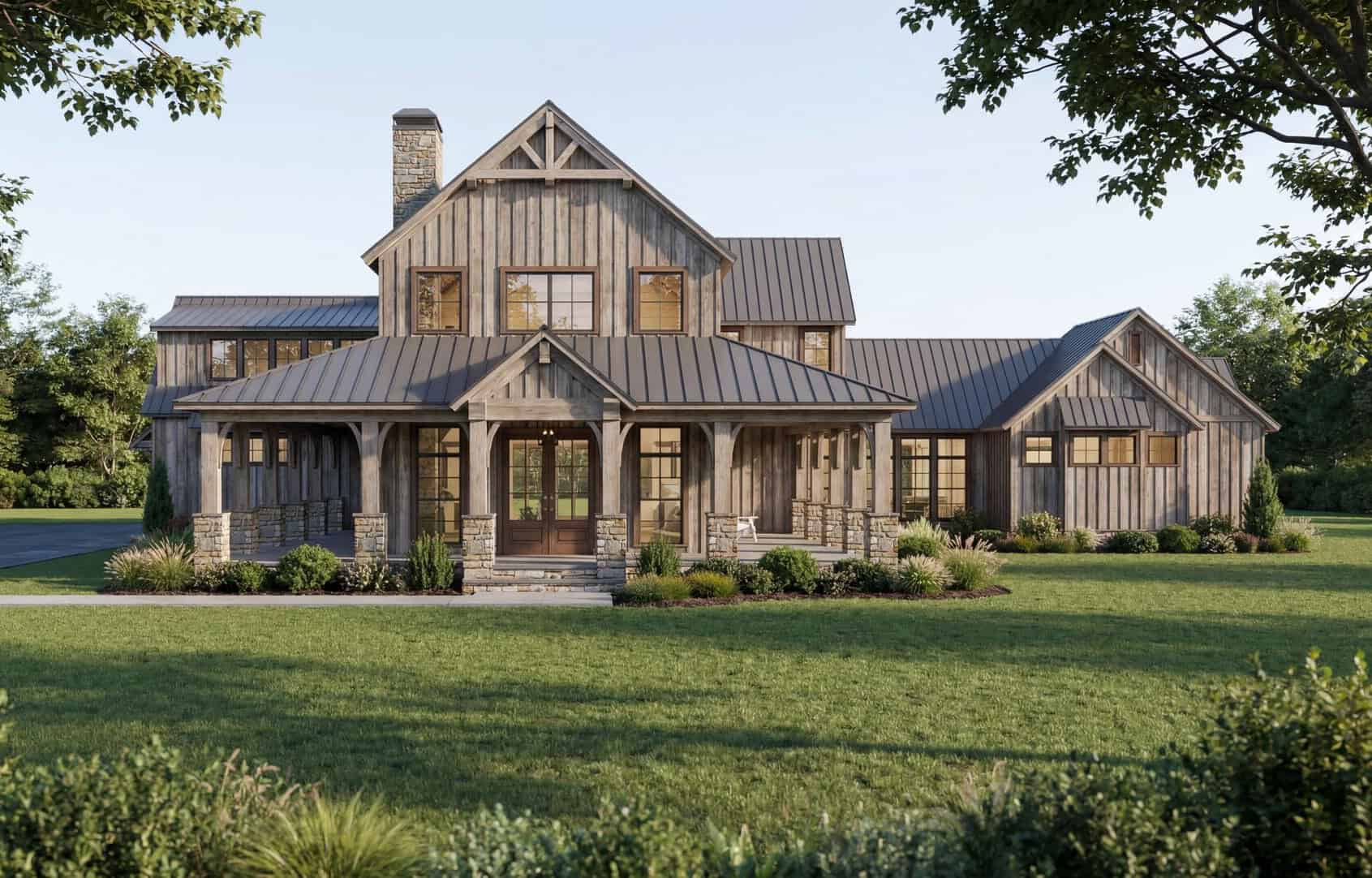 Luxury farmhouse facade with wraparound porch, stone and board-and-batten siding, mixed-pitch gables, and decorative columns. Plan #193-1413, 5,527 sq ft.