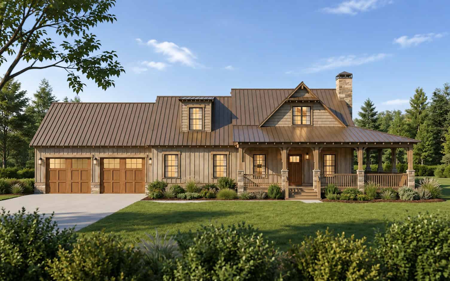 Farmhouse facade featuring board-and-batten vertical siding, metal gable roofline with paired dormers, and a covered front entry porch.