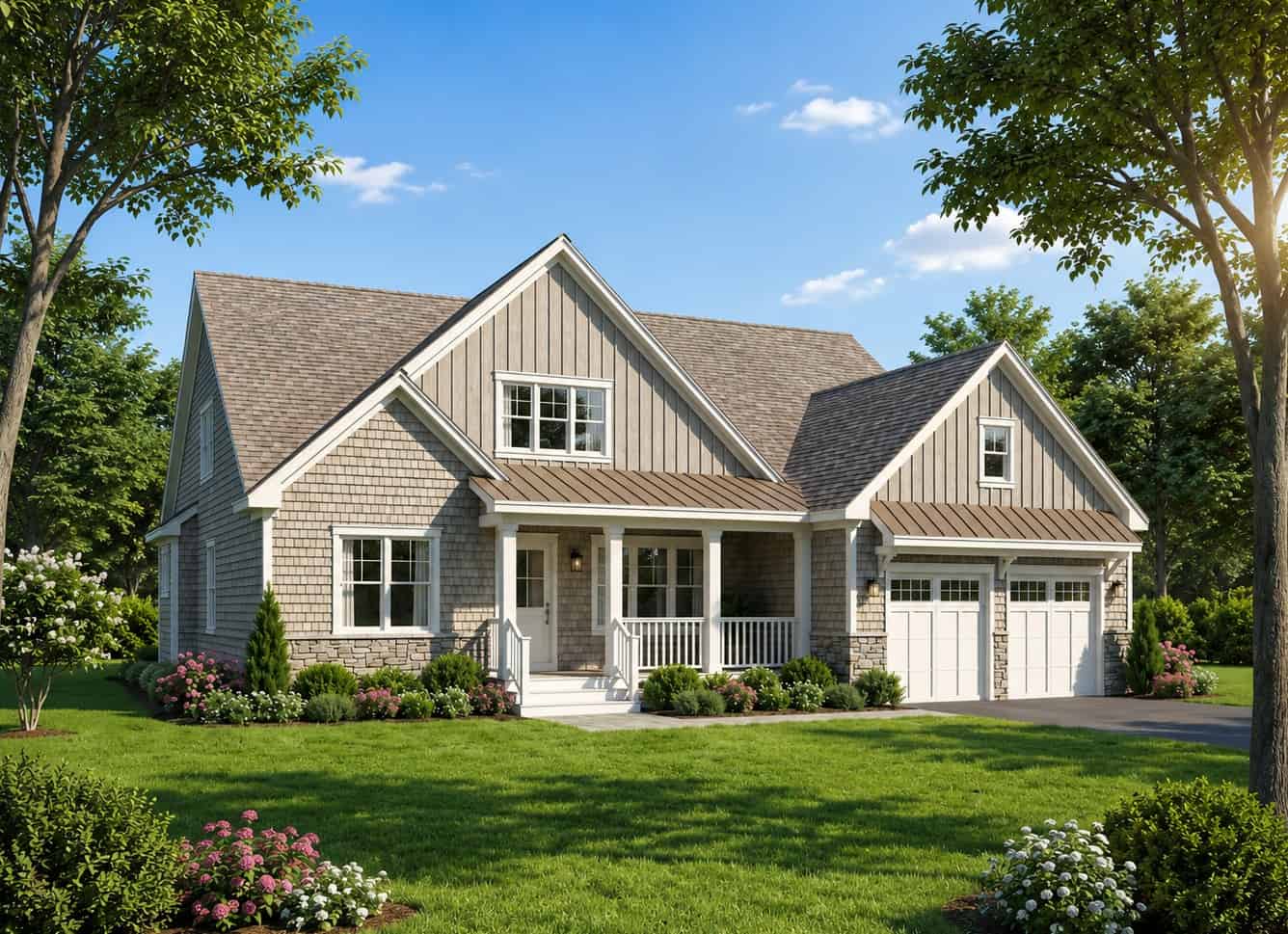 Modern Farmhouse home elevation with covered front porch, gable roof, and attached 2-car garage, Plan #193-1415