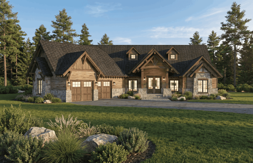 Rustic home with rock and wood siding, covered front porch, and gable-dormer roofline - Plan #193-1420