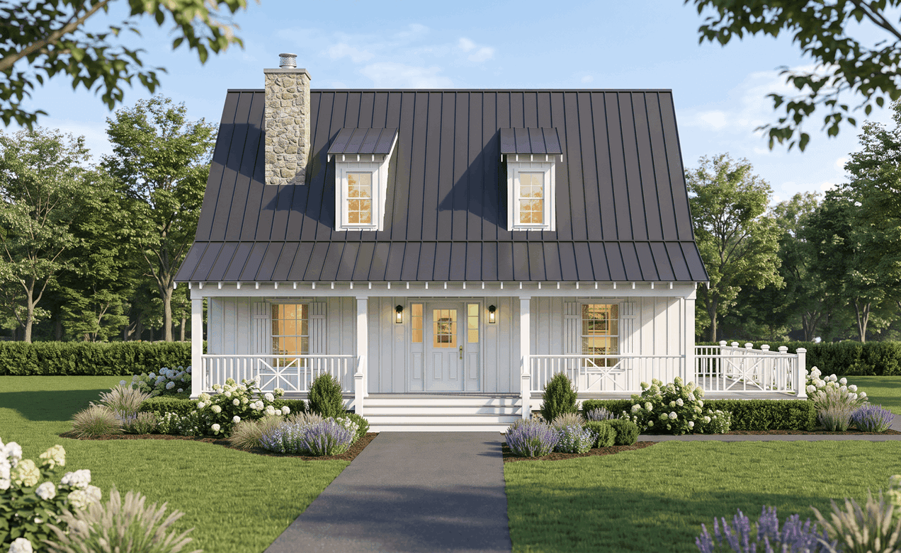 Modern Farmhouse home with gable roofline, covered front porch, and metal roofing on narrow lot - Plan #193-1423