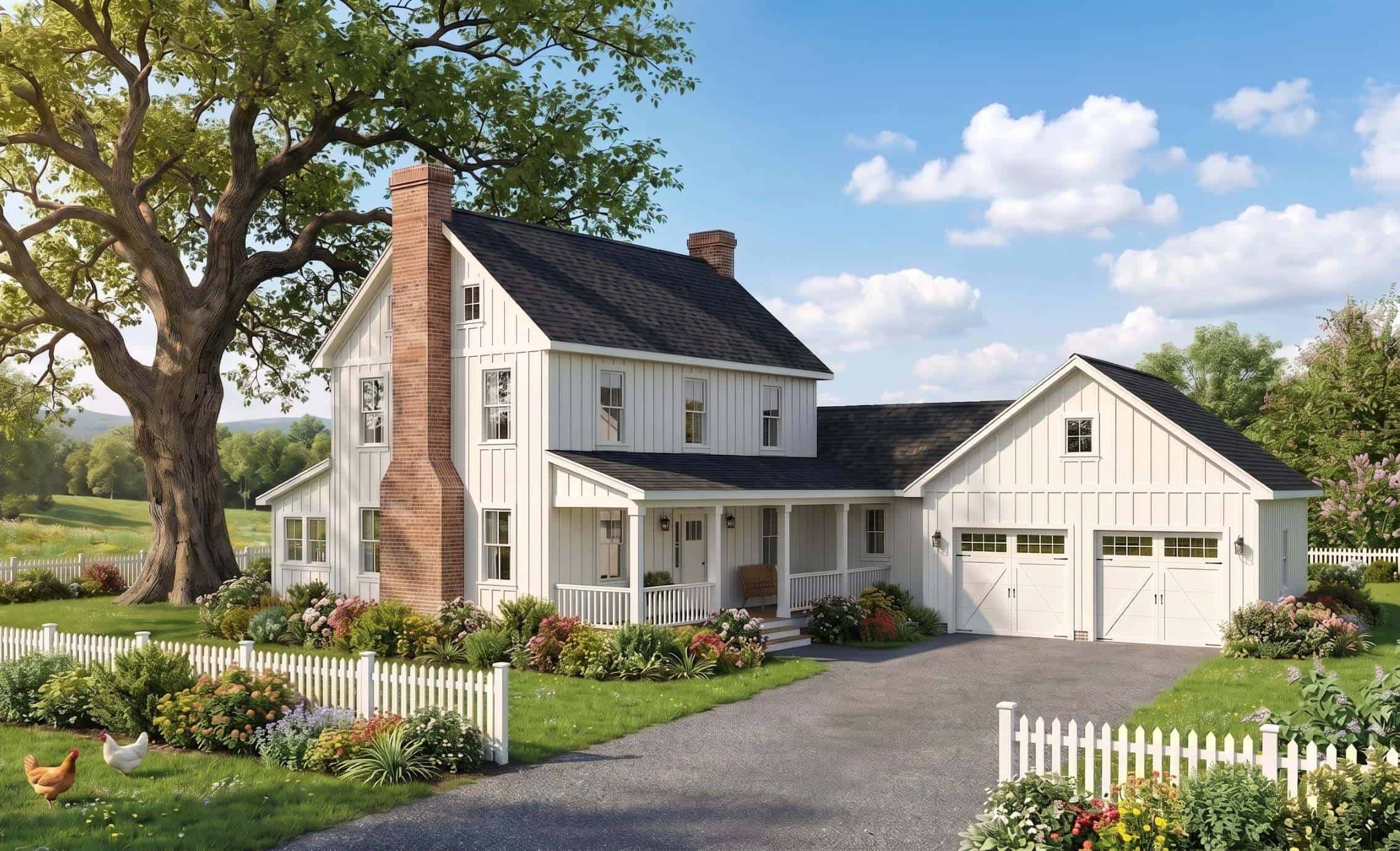 Modern Farmhouse facade with covered front porch, gable roofline, and vinyl siding. 3 beds, 2,668 sq ft - Plan #193-1424