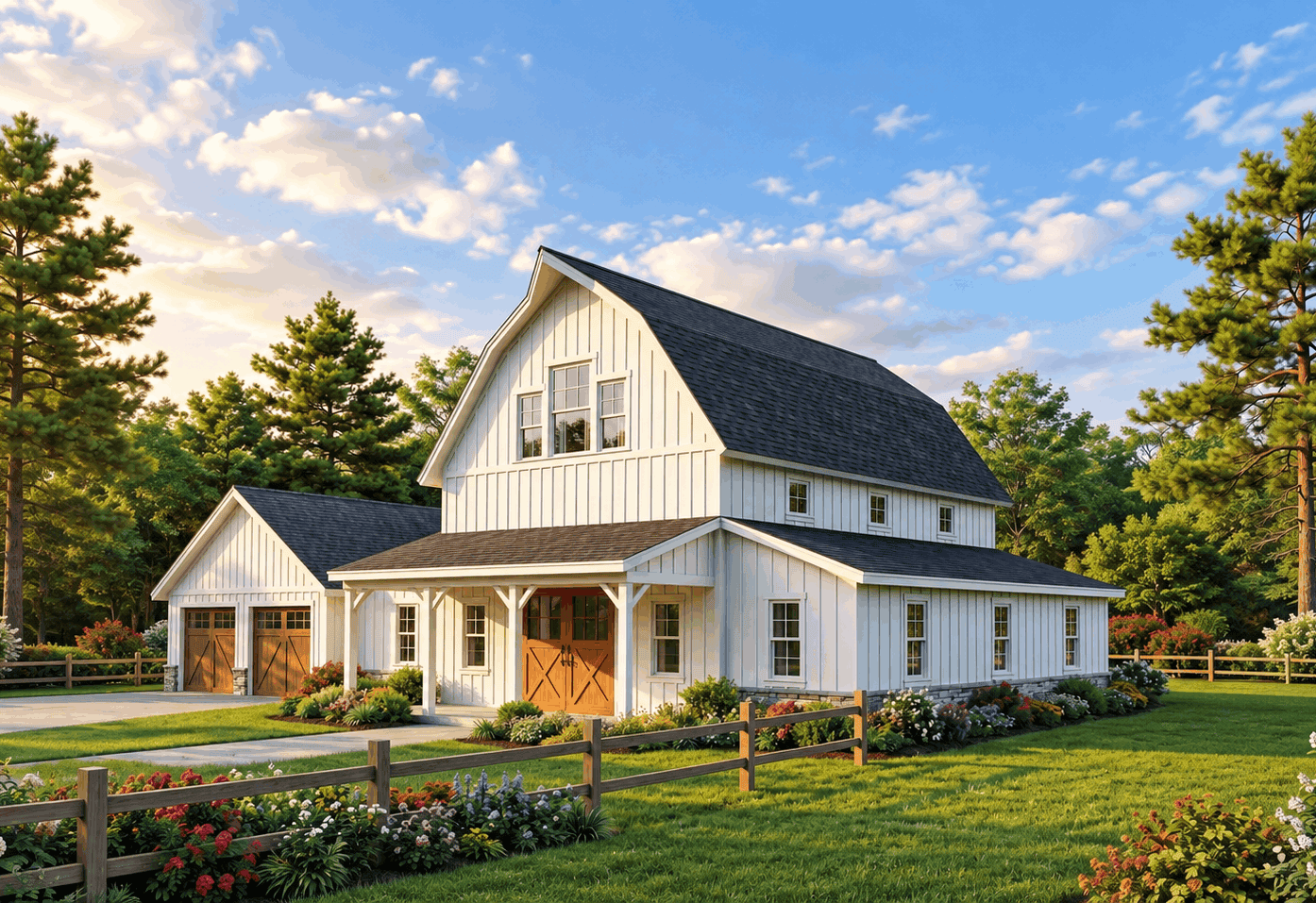 Modern Farmhouse facade with covered front porch, prominent gable roofline, and large front windows. Plan #193-1427