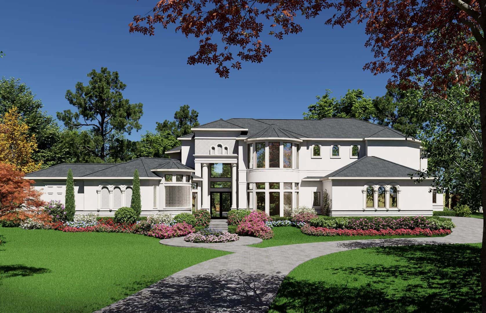Two-story Mediterranean stucco exterior with a columned glass entry, rounded two-story bay, and arched window groupings - Plan #195-1248
