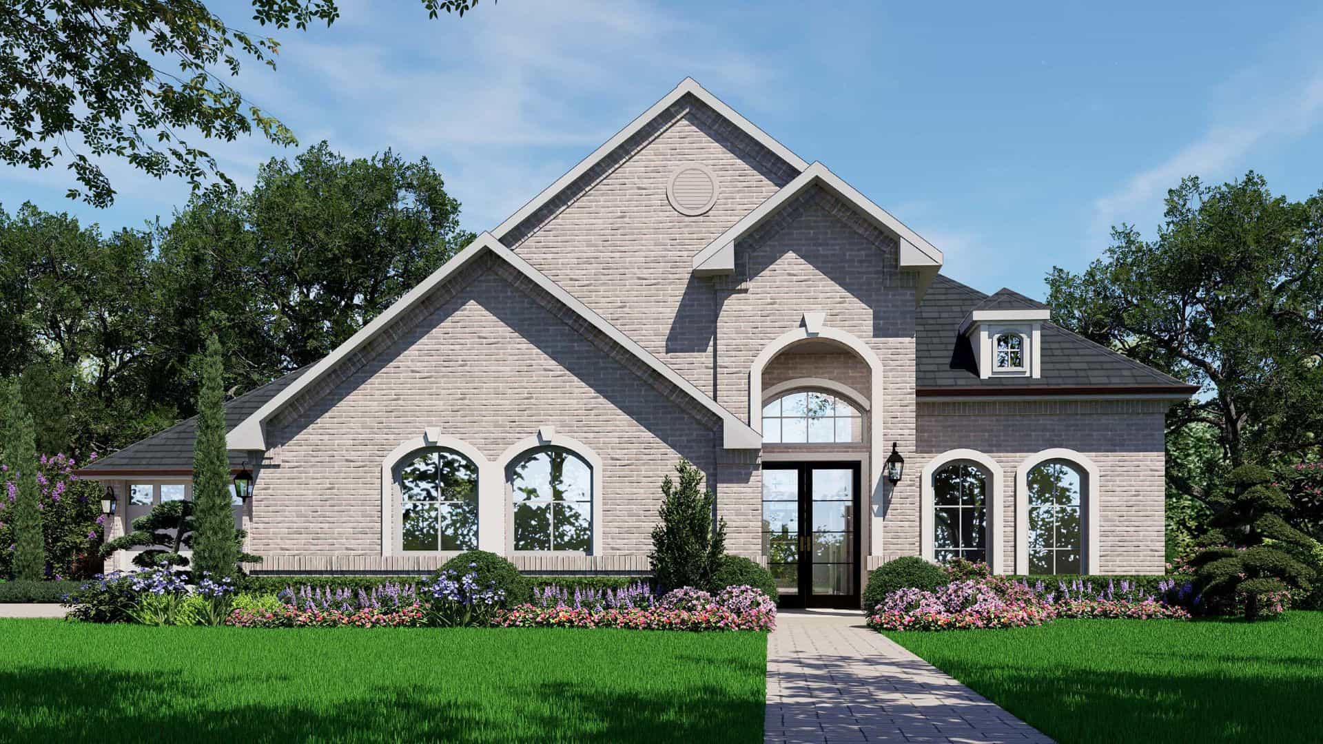 2,706 sq ft one-story Colonial house plan with 3 bedrooms, 3 baths, and covered front porch