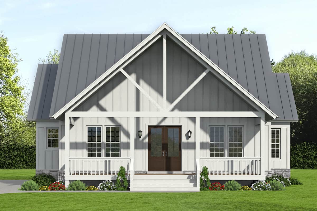 Front exterior view of 3-bedroom, 2100 sq ft modern farmhouse plan #196-1237 with covered porch and gable roof