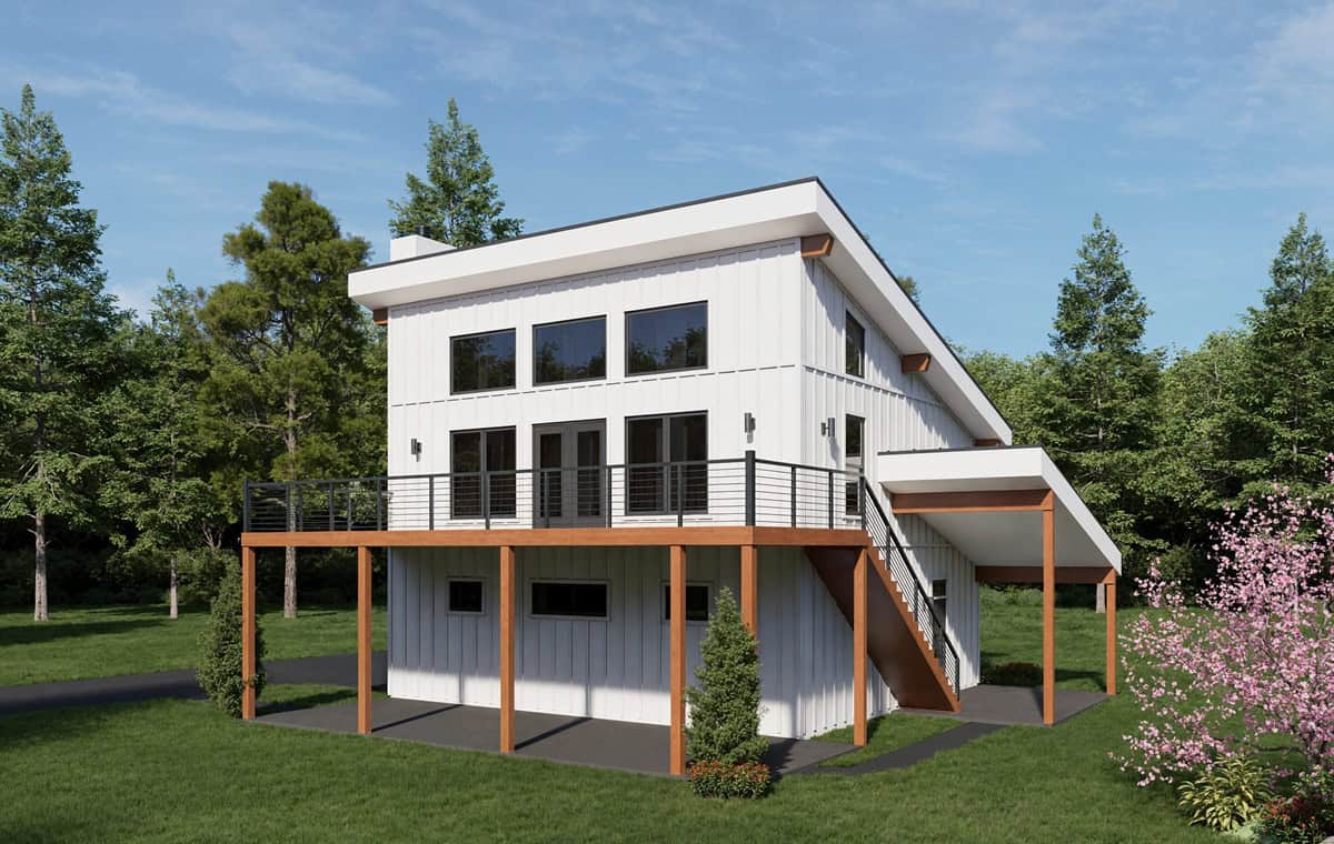 Front elevation of a two-story contemporary garage apartment with shed-profile metal roof, board and batten siding, large upper-level balcony deck, and front-entry double garage - Plan #196-1907