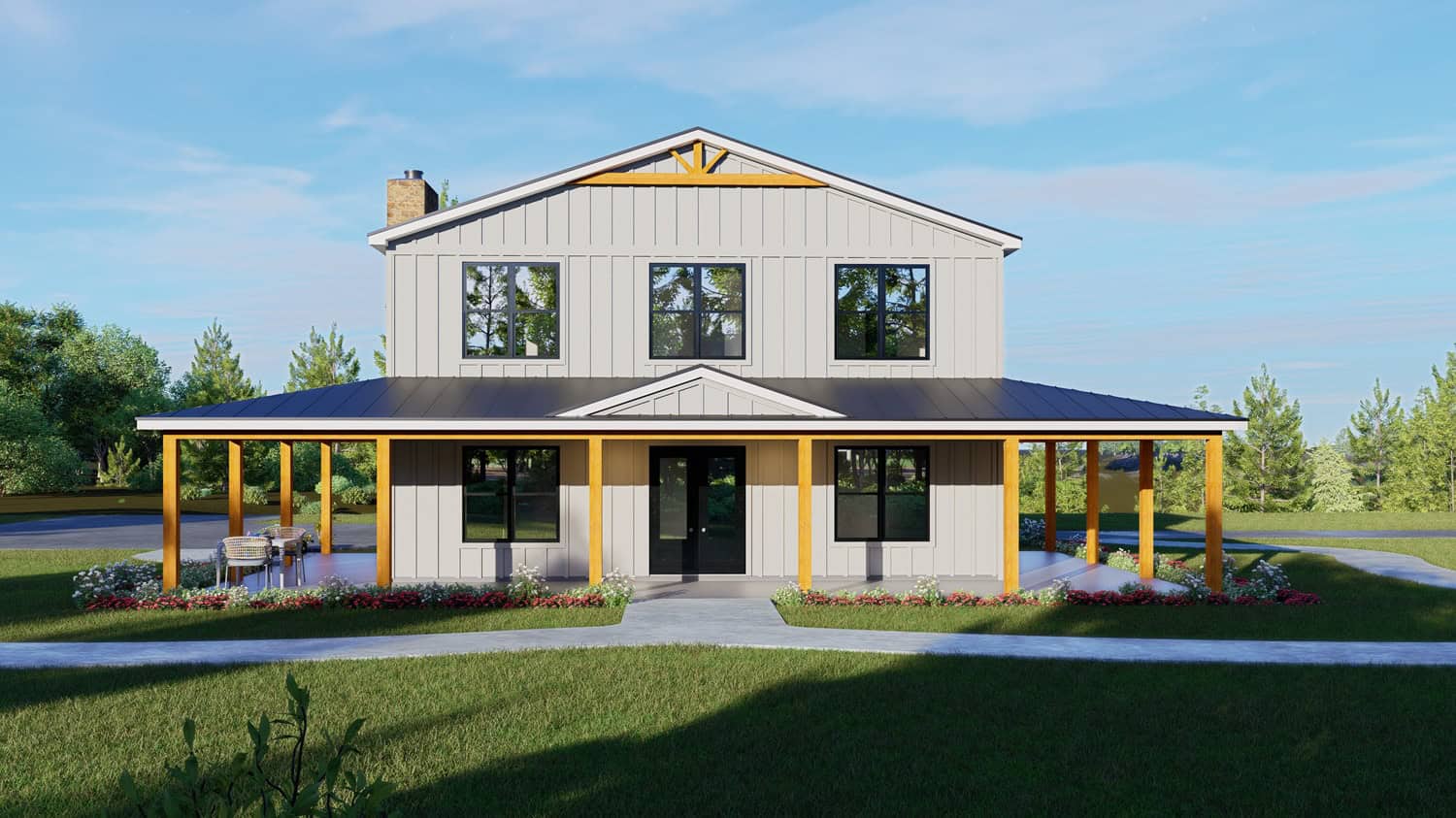 Two-story barndominium with RV garage, board and batten exterior, metal roof, wraparound porch, plan 196-1931.
