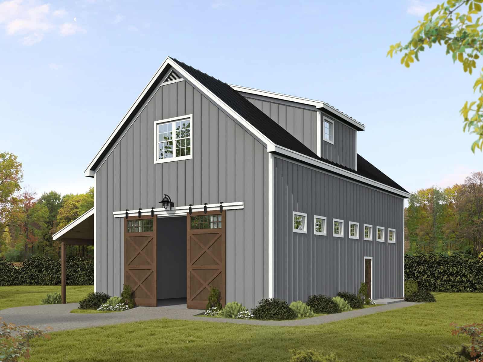Barndominium-style garage apartment with board and batten siding, metal gable roof, and covered porch, Plan 196-1962