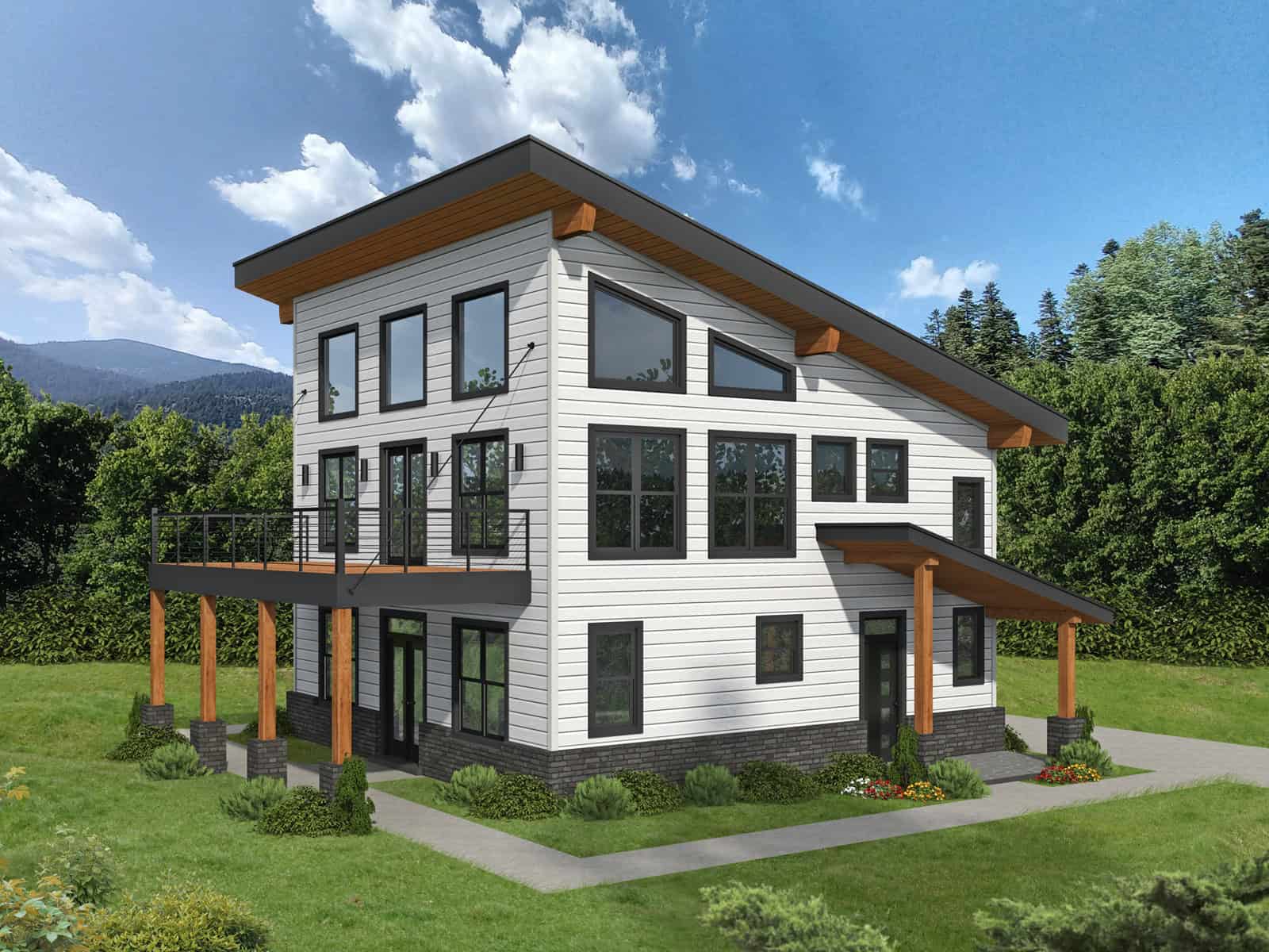 Two-story Modern house plan exterior with shed roof, metal roofing, narrow-lot footprint, and front-entry garage - Plan #196-1969